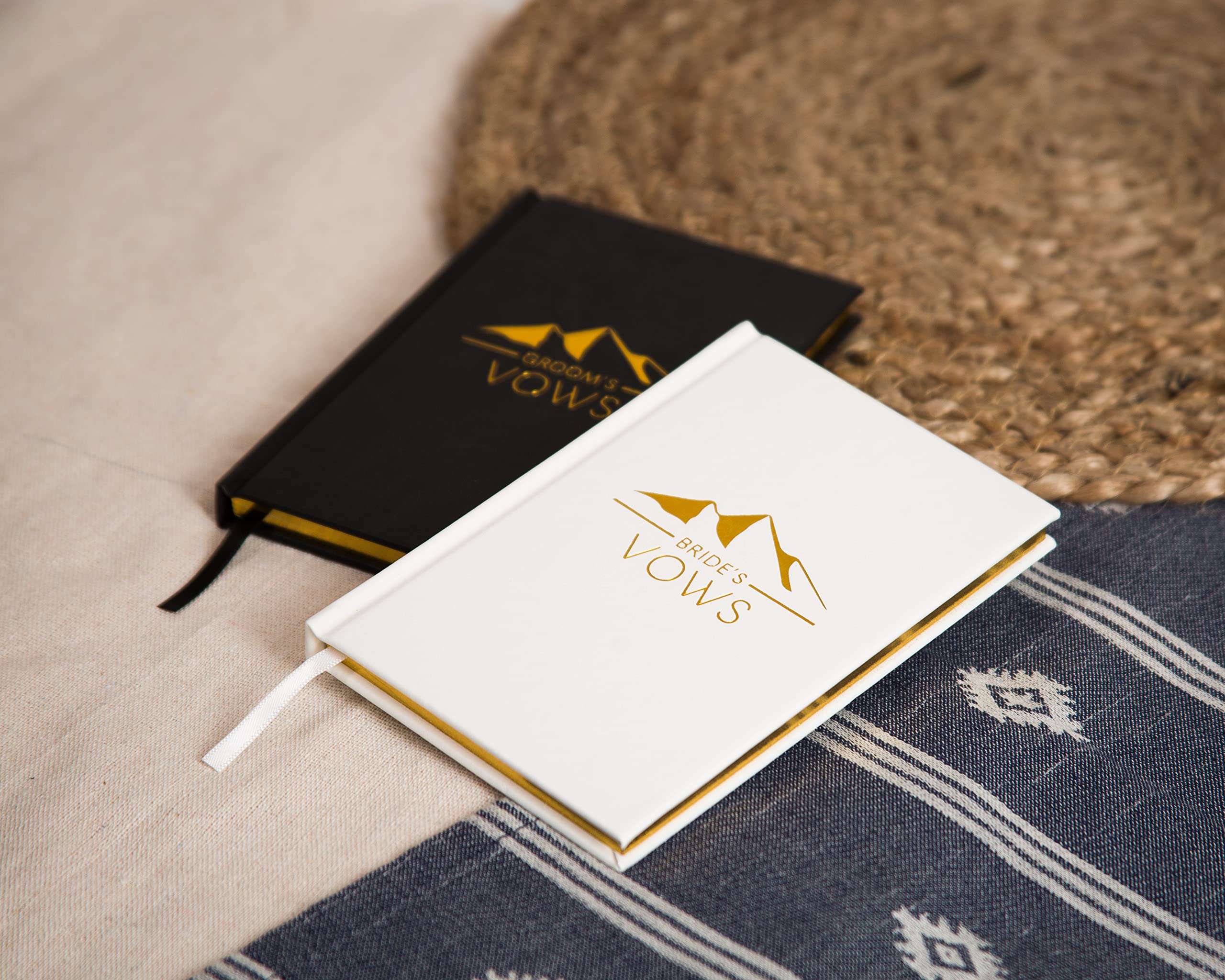 Groom'S And Bride'S Vows Wedding Vow Books (Set Of 2) - Black & White Pocket Sized Gold Foil Embossed Mountain Design Wedding Ce