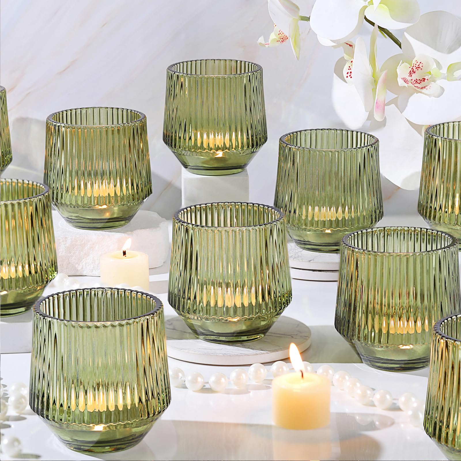 12 Pcs Large Green Candle Holder for Wedding Table Decor-3.15  3.15 Green Votive Candle Holders for Rustic Wedding Centerpieces,