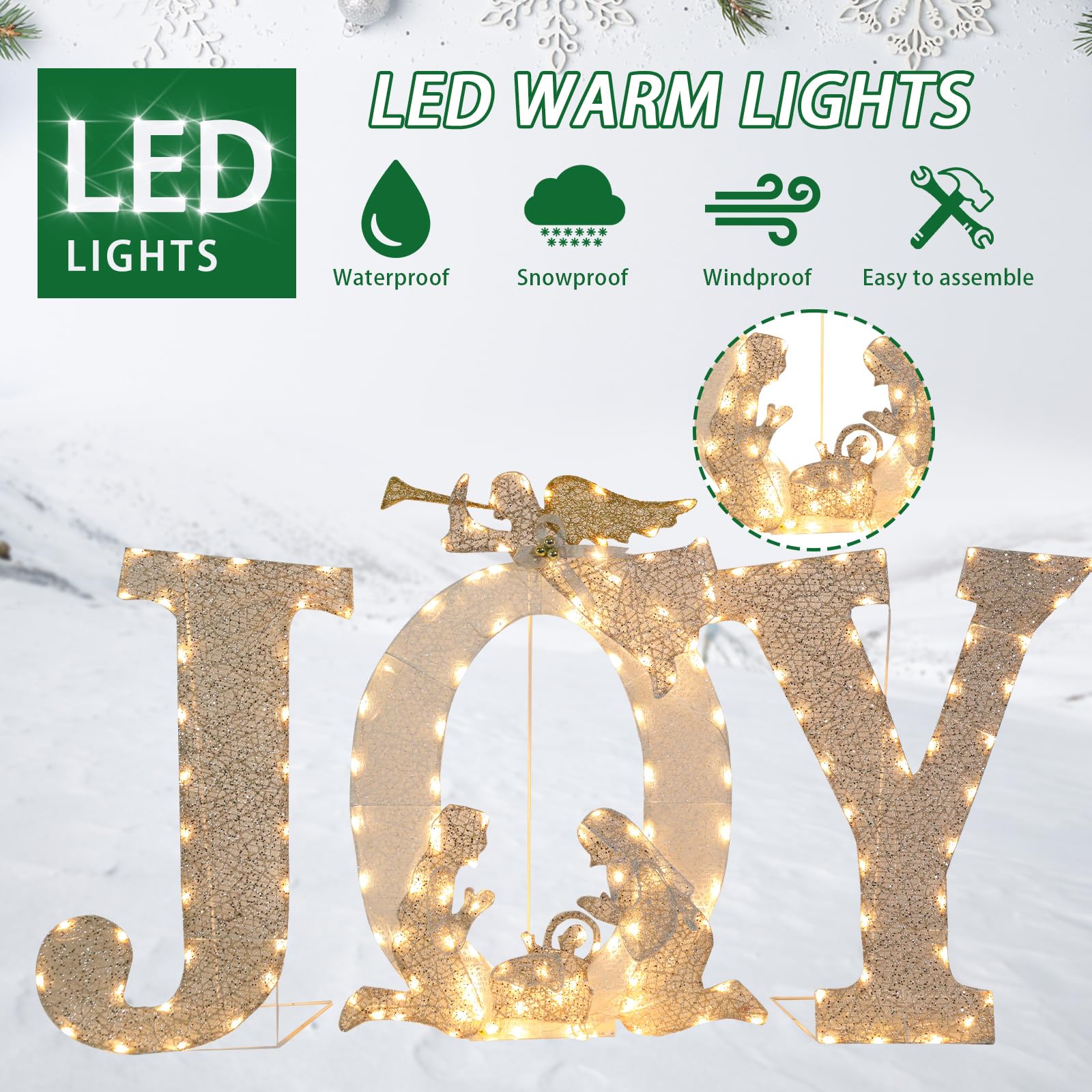 Outdoor Christmas Joy Decoration Christmas Lighted Joy with Nativity Scene Decoration for Xmas Home Pathway Lawn Party Display