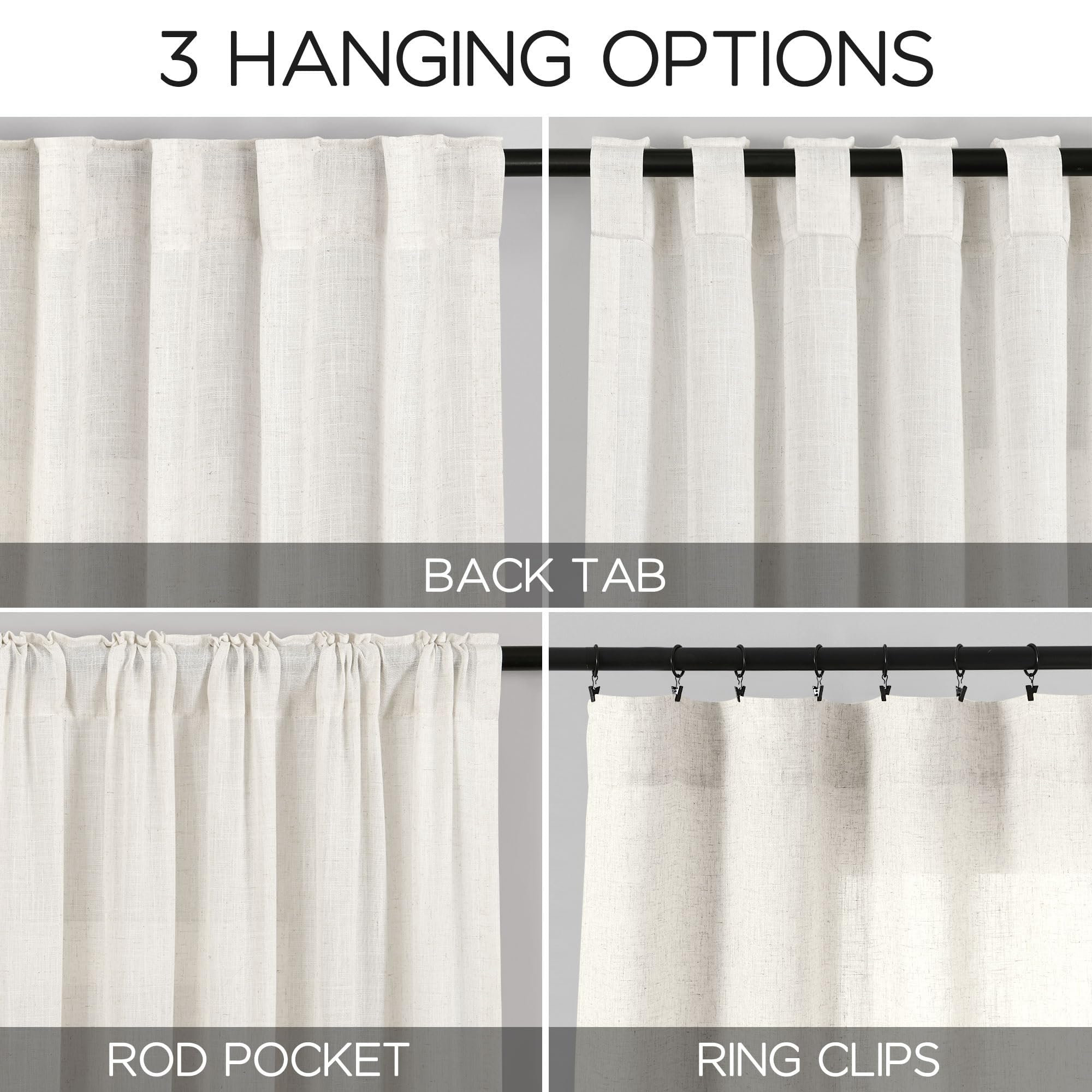 Beige White Kitchen Cafe Sheer Curtains 54 Inch Long 2 Panel Back Tab Linen Textured Light Filtering Short Neutral Bohemian Farm