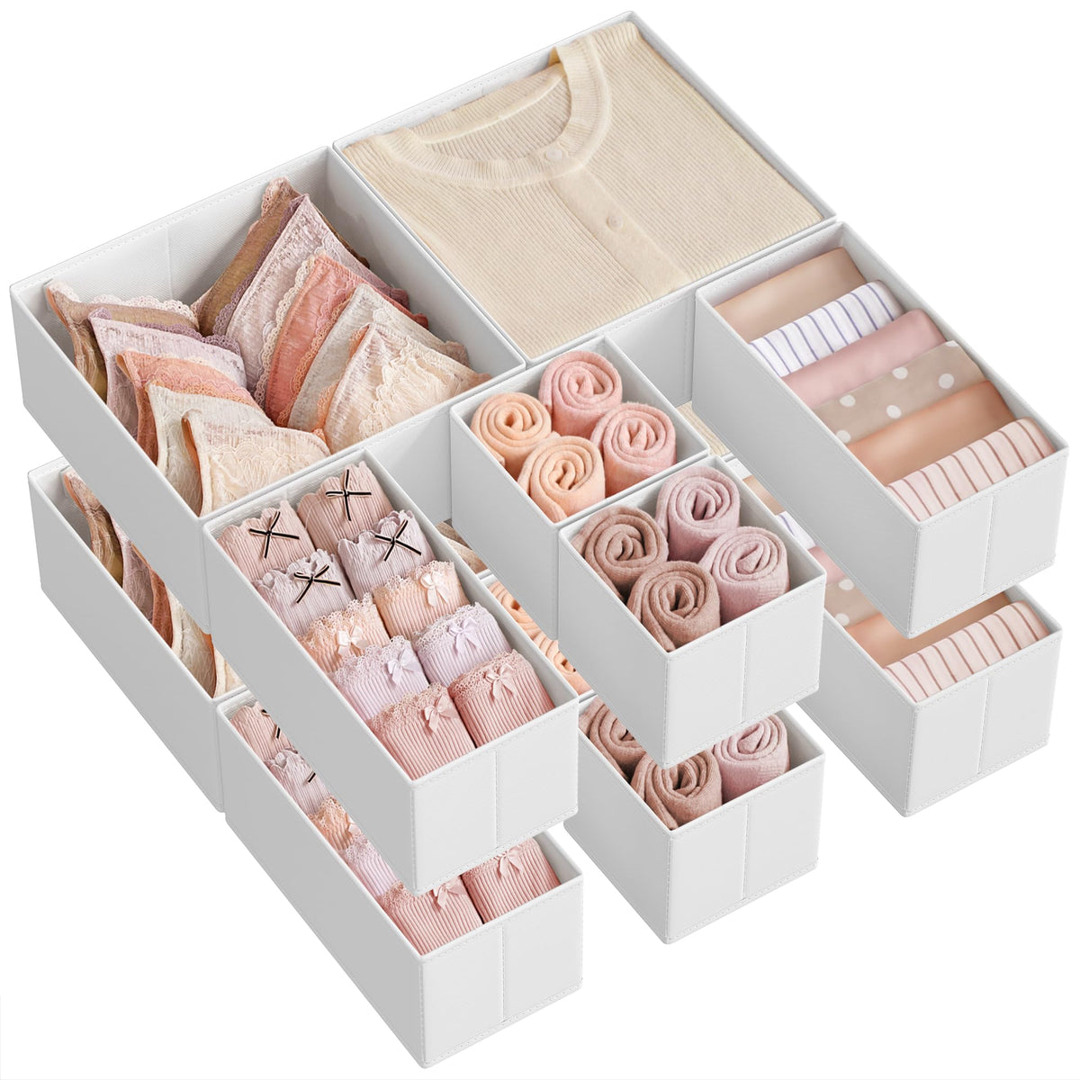 SONGMICS Drawer Organizer,Dresser Drawer Organizers, Set of 12, Foldable Fabric Storage Bins for Socks, Underwear, Bras, Ties, S