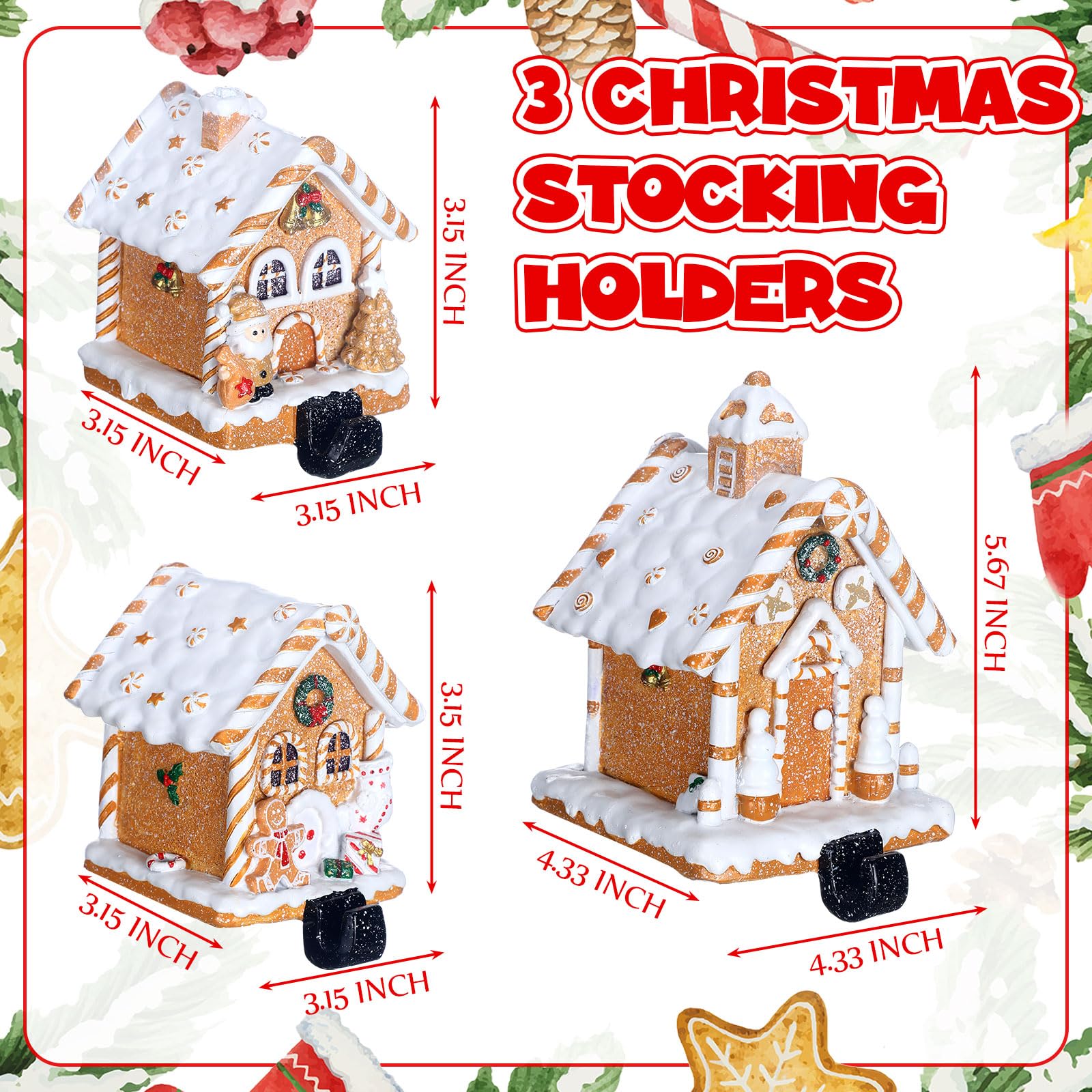 Riceshoot 3 Pcs Christmas Gingerbread House Stocking Holder Christmas Stocking Holders for Mantle Village Stand Tree Santa House