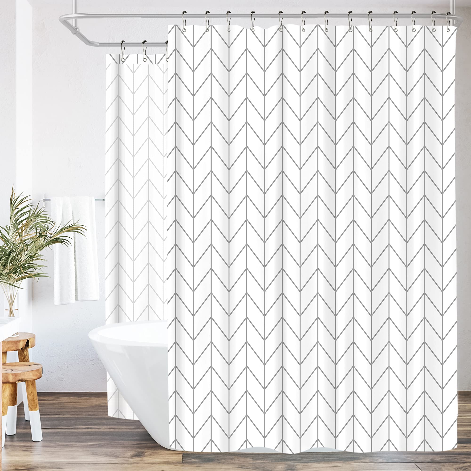 Riyidecor Clawfoot Tub Chevron Shower Curtain 180X70 Inch Bathtub All Around Wrap Around White Grey Gray Herringbone Round Frees