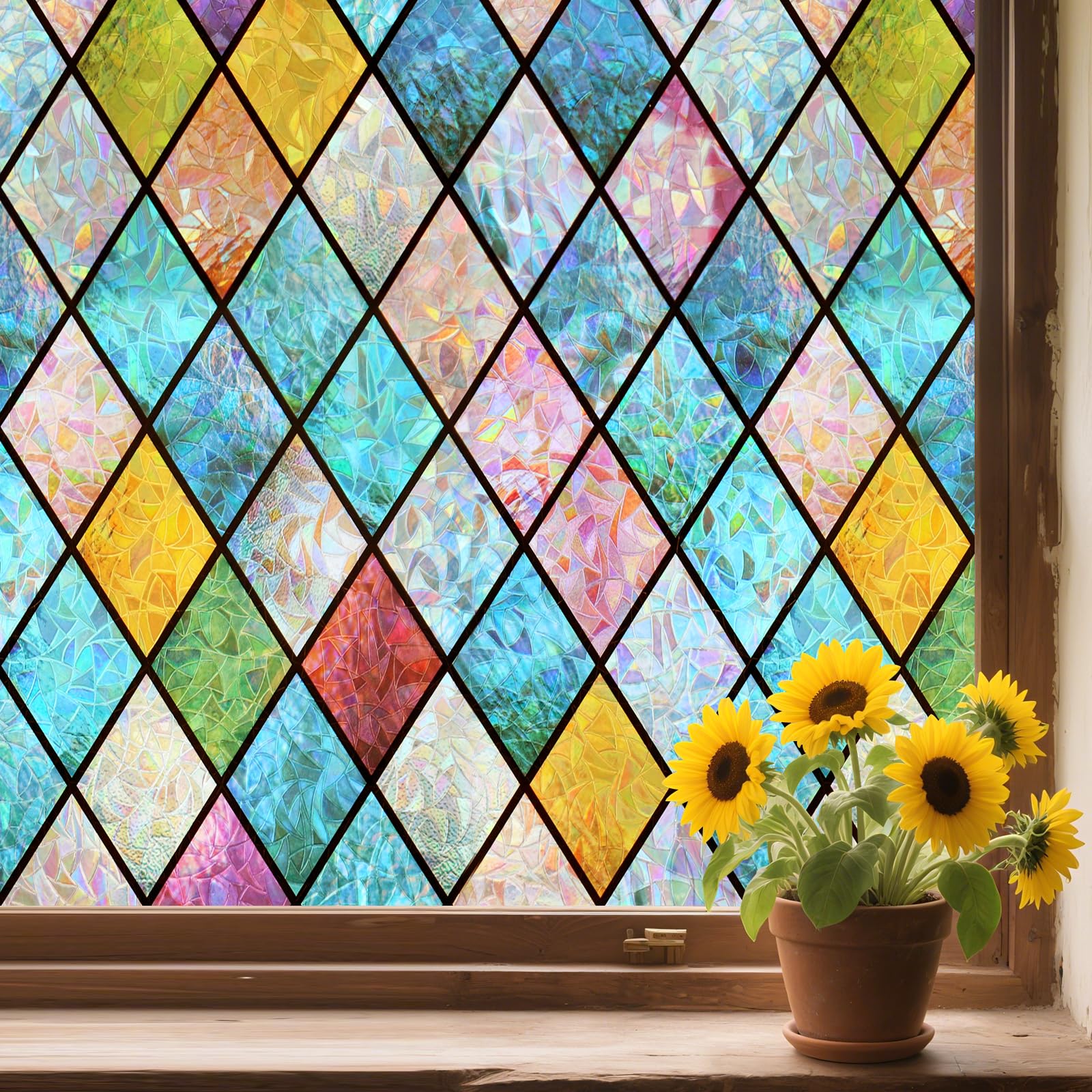 WPCTEV 3D Window Film No Glue Privacy for Glass Sticker Static Cling Heat Control Anti UV Non-Adhesive Decorative Rhombus 29.5 I