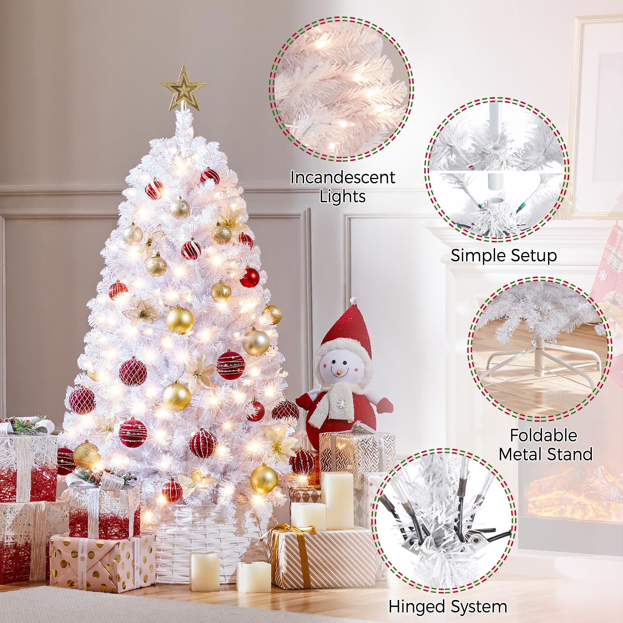 Yaheetech 4.5ft Pre-lit Spruce Artificial Hinged Christmas Pine Tree Prelighted Holiday Xmas Tree for Home Party Decoration with