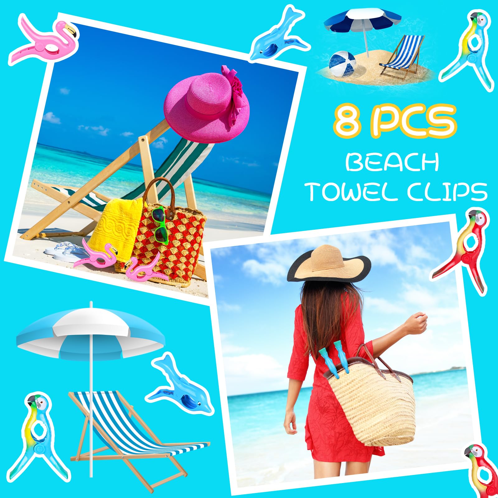 8 Pcs Beach Towel Clips, Beach Chair Clips For Towels Flamingo Parrot Clothes Pins Towel Holders Colorful Towel Clips For Chairs