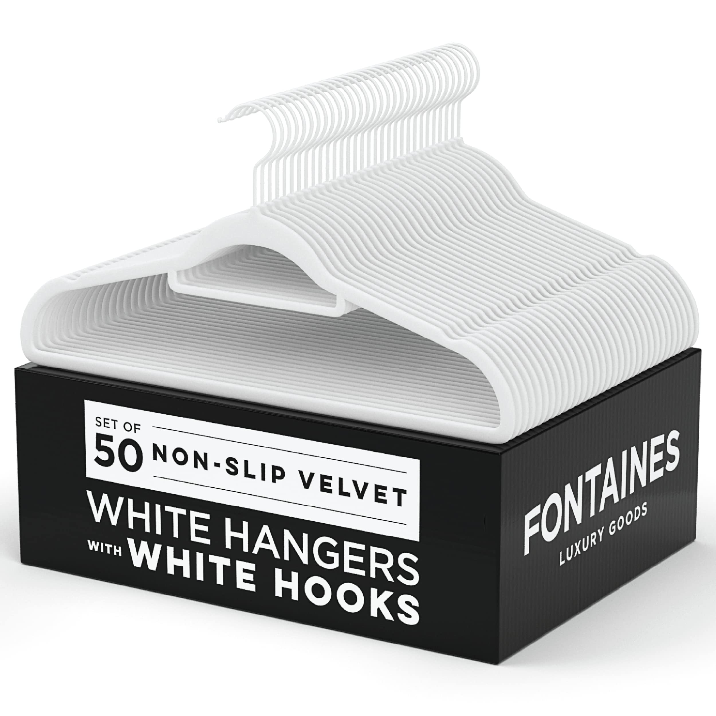 Fontaines Luxury White Velvet Felt Non Slip Clothes Hangers 50 Pack - Ultra Slim & Space Saving - Heavy Duty Swivel White Hook F