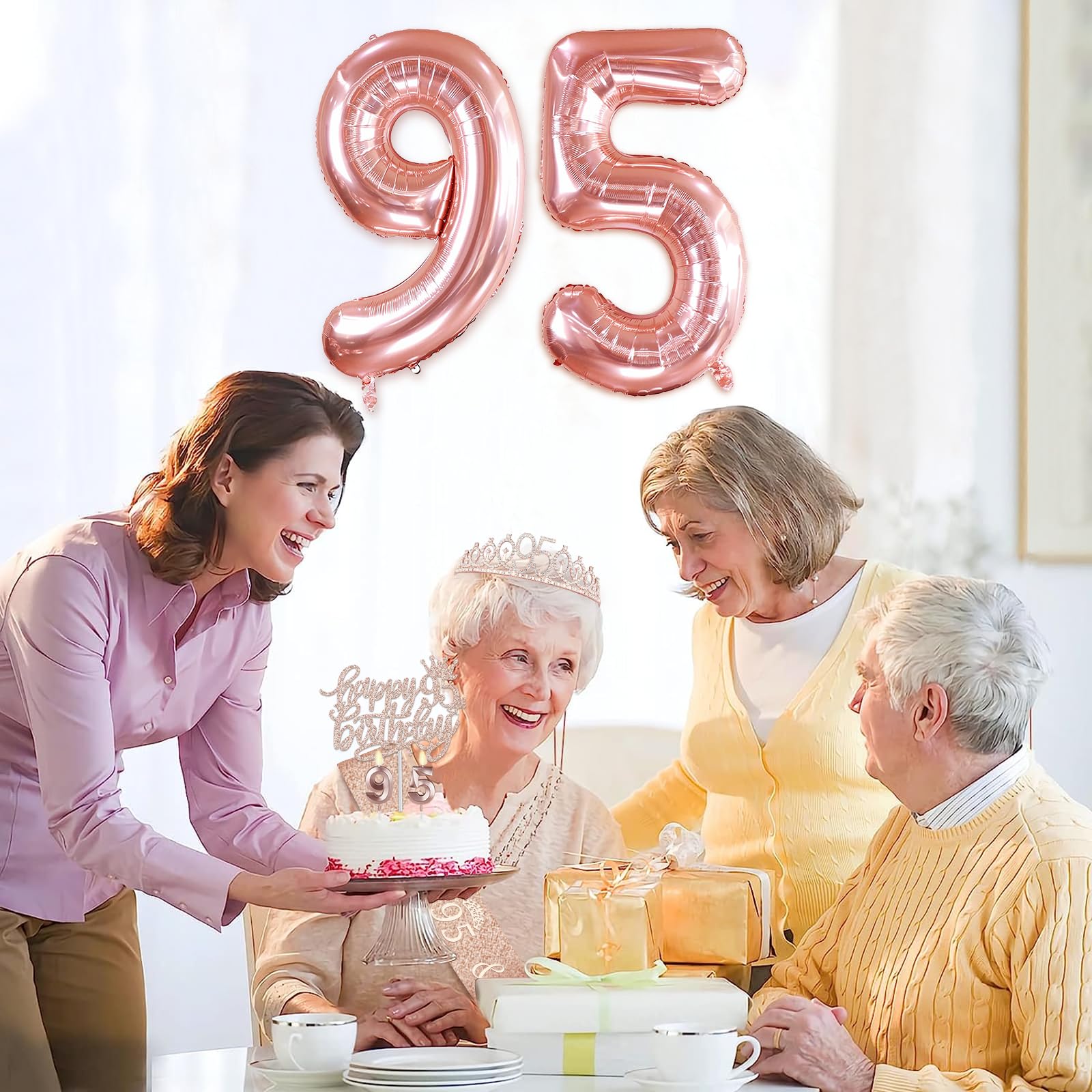 YeohJoy 95th Birthday Party Decorations Set - Rose Gold Sash, Crown, Cake Topper, Number Balloons & Candles for 95 Year Old