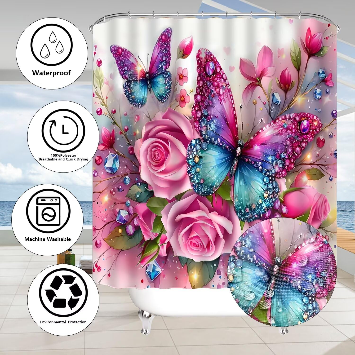 Ddqq 4Pcs Pink Glitter Floral Shower Curtain Set Rose Bathroom Sets Butterfly Diamond Shower Curtain With 12 Hooks Bathroom Deco