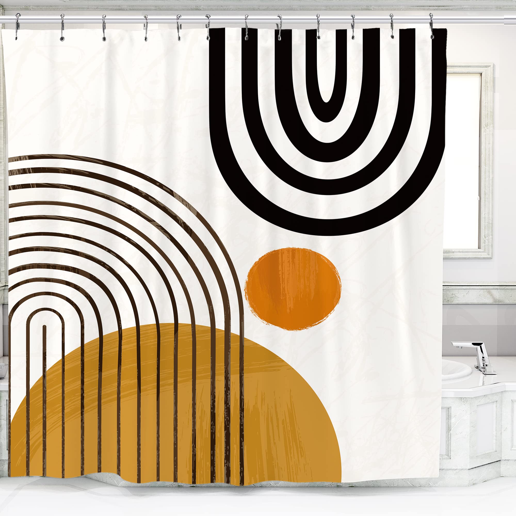 KOMLLEX Abstract Mid Century Shower Curtain for Bathroom Accessories 60Wx72H Inch Modern Cute Contemporary Sun Minimalistic Semicircle Curve Aesthetic Fabric Waterproof Polyester 12 Pack Plastic Hooks