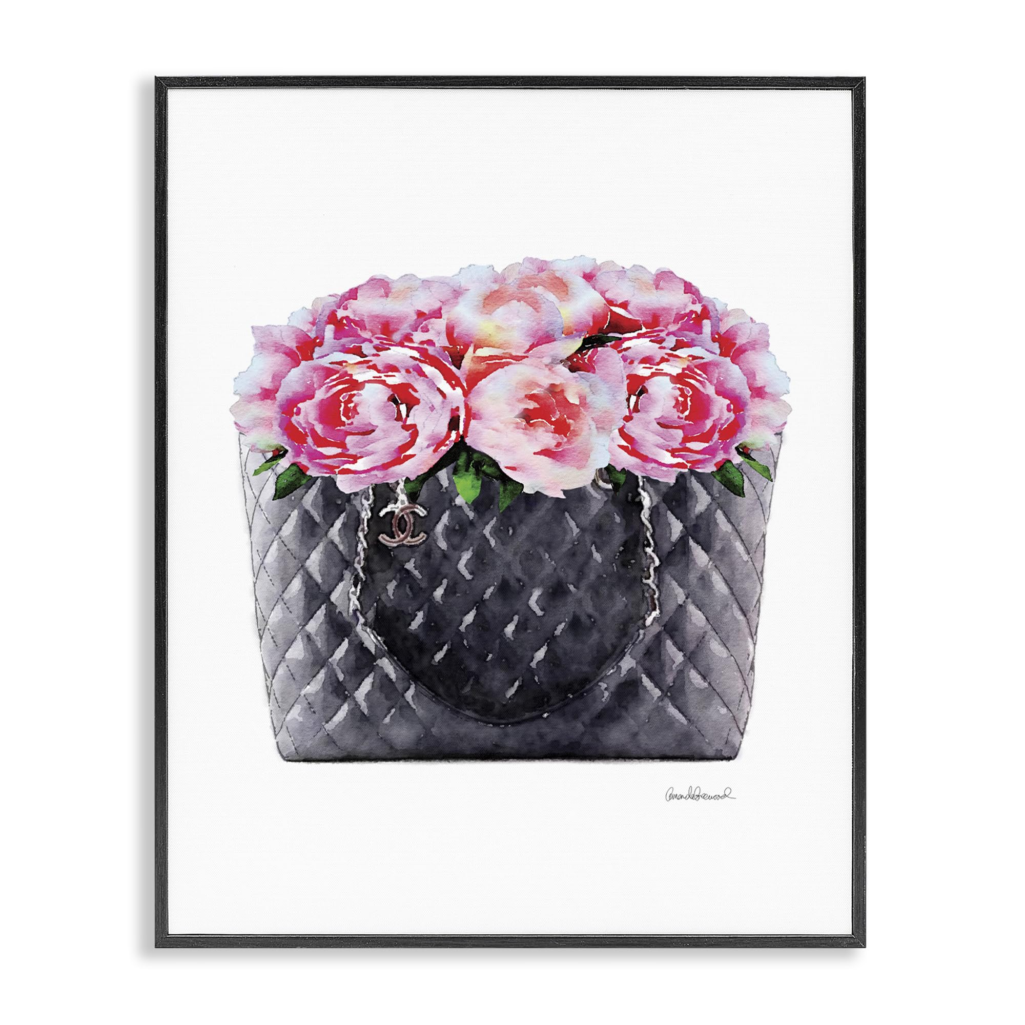 Stupell Industries Pink Flower Purse Glam Fashion Watercolor Design, Designed by Amanda Greenwood Wall Art, 24 x 1.5 x 30, Black