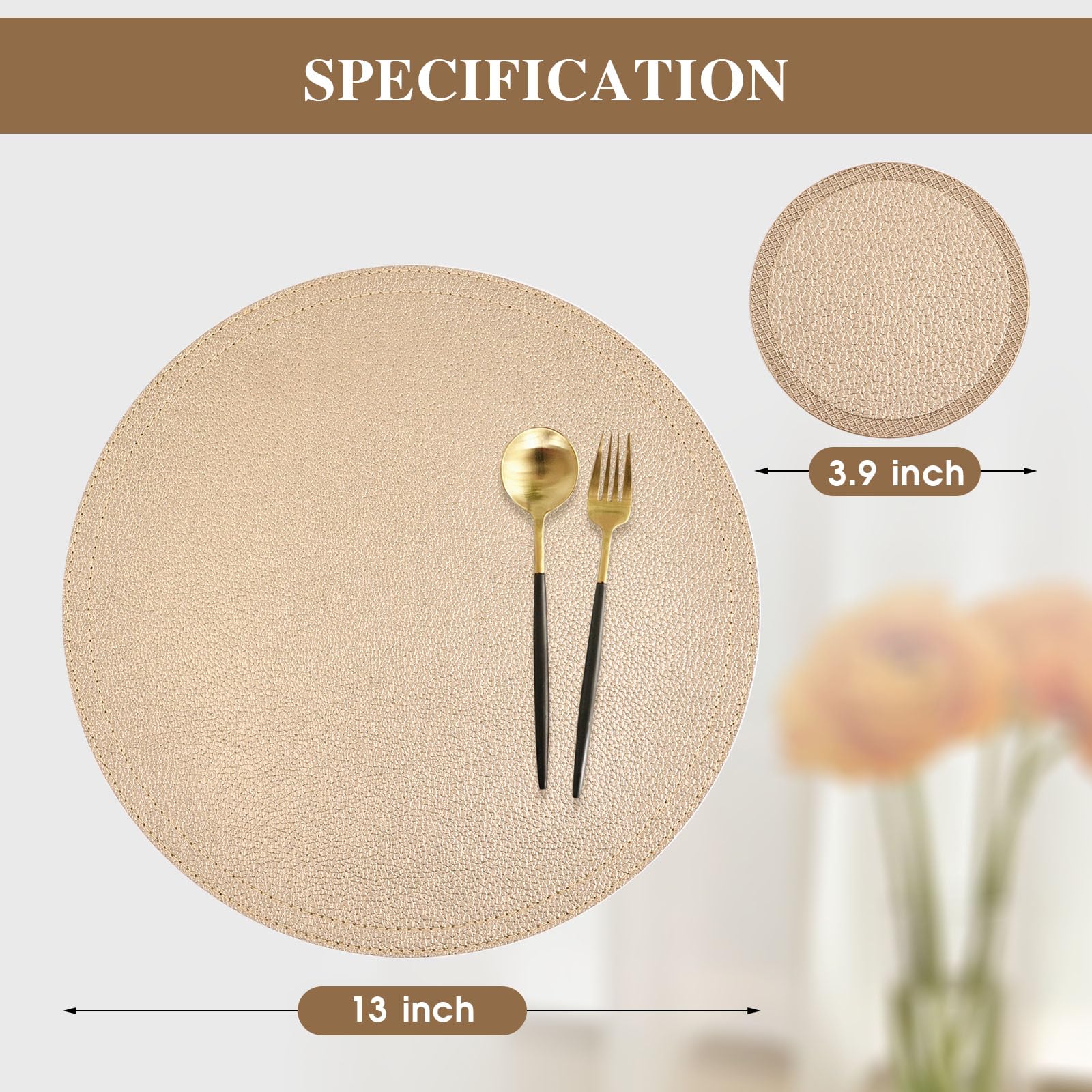 Set Of 6 Faux Leather Gold Round Placemats And Coasters, Coffee Mats Kitchen Table Mats, Waterproof, Easy To Clean For Kitchen D