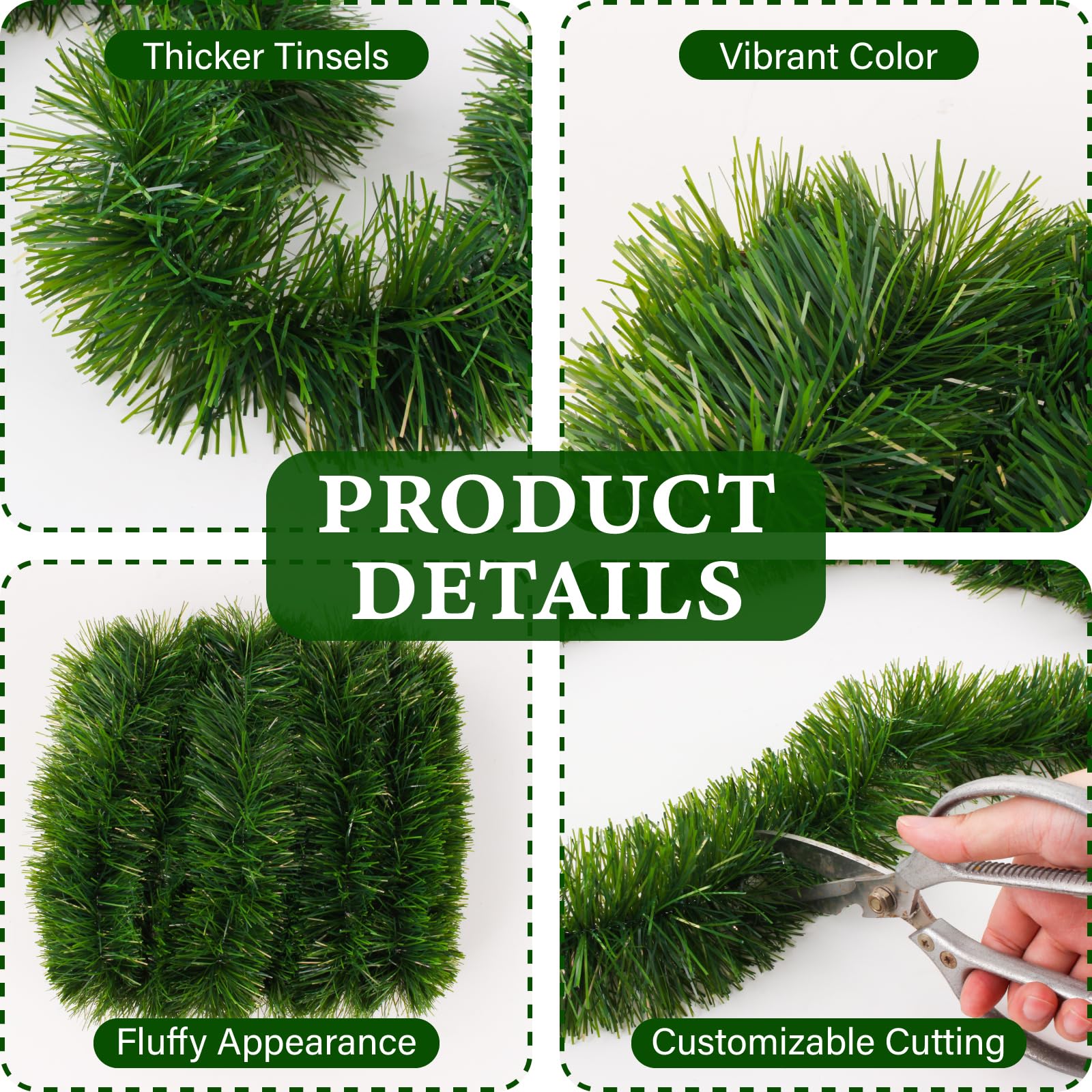 50FT Green Christmas Garland Decorations, Christmas Artificial Pine Greenery Garland Outdoor Indoor Decor, Straight Faux PVC Sof