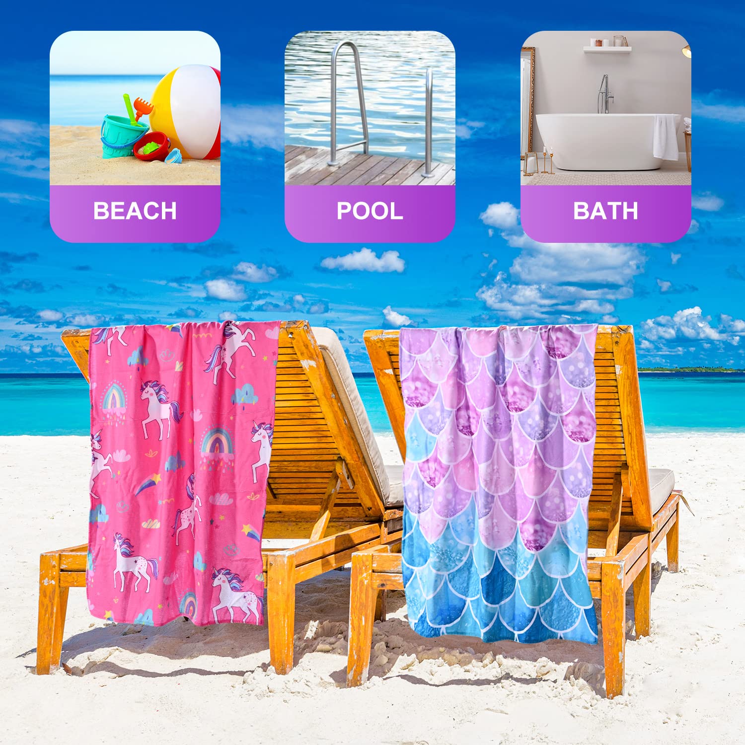 Livilan Pink Unicorn Rainbow Beach Towel, Perfect For Kids, Girls, Women, Soft Microfiber Bath, Pool, Swimming Towel, Thin, Quic