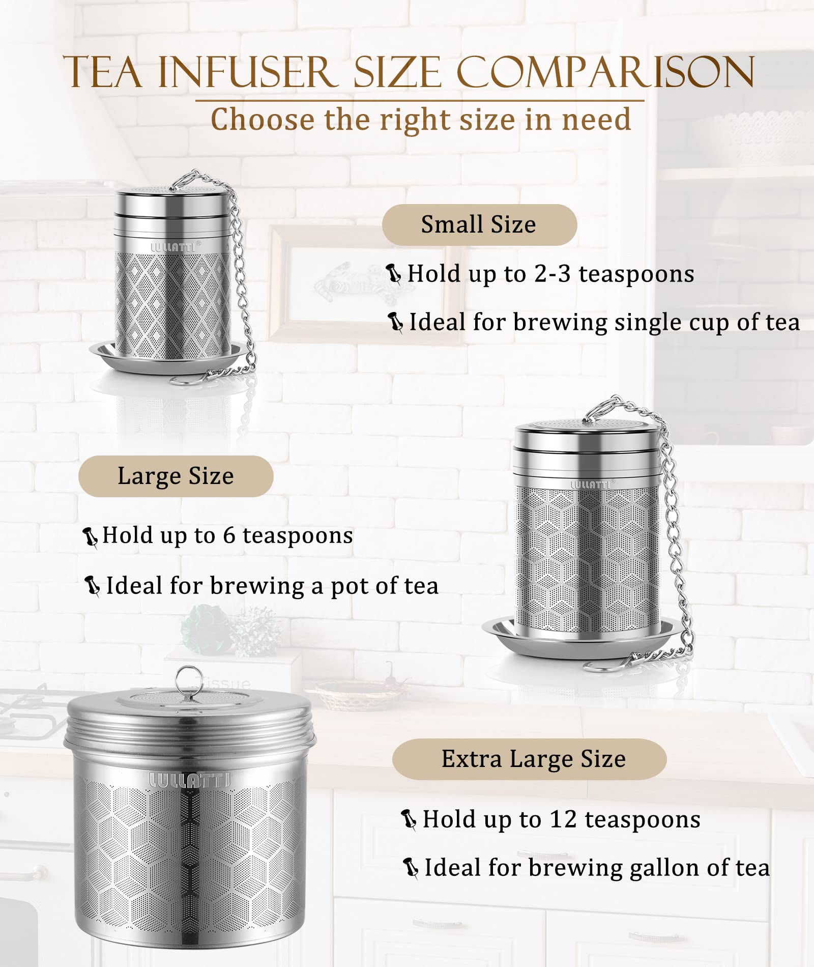 LULLATTI Large Tea Infuser - 304 Stainless Steel Tea Ball Strainer, Extra Fine Mesh, Fits Most Teapots & Mugs, 1 Pack