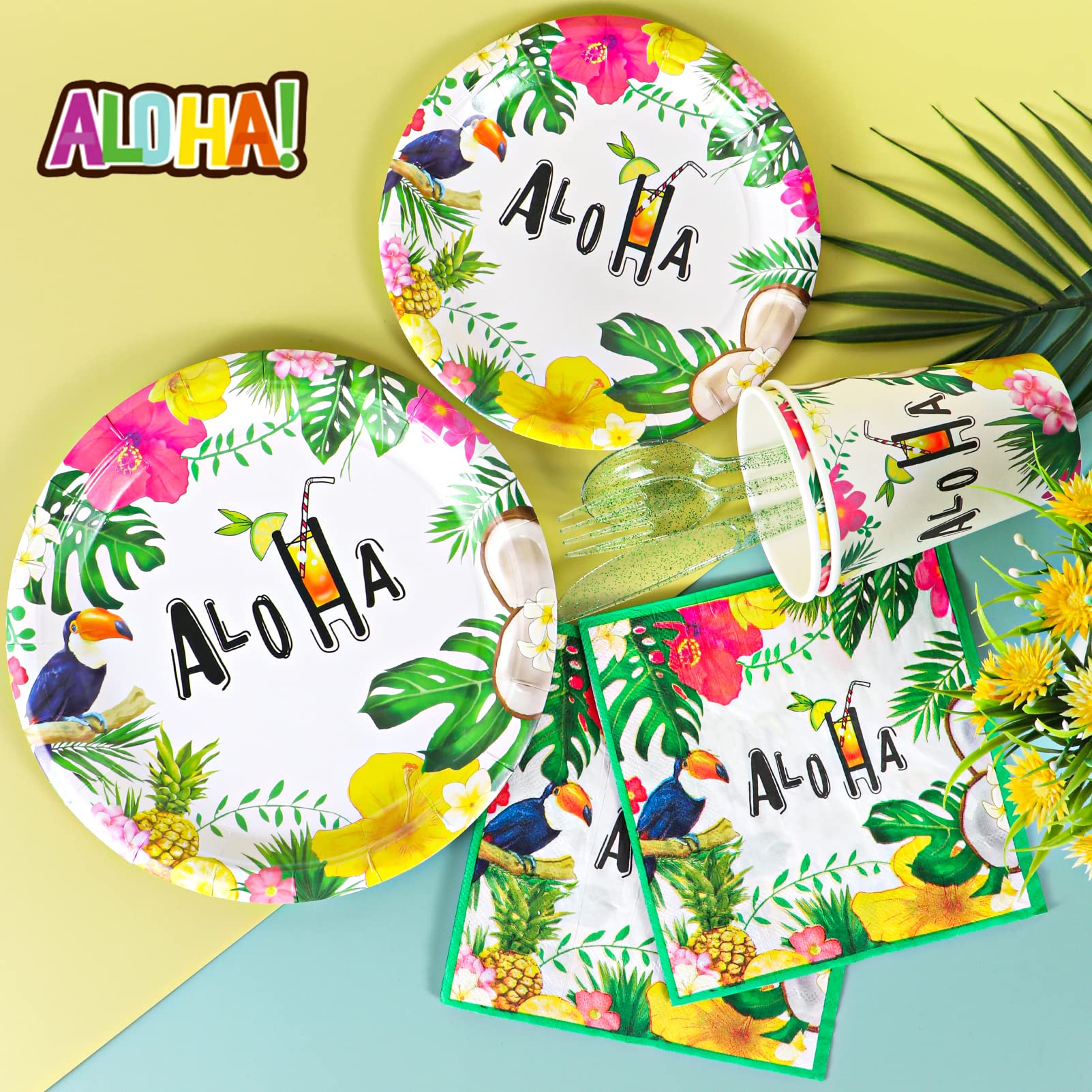 Atonofun Hawaiian Luau Party Supplies  Disposable Hawaiian Plates and Napkins Set  Aloha Party Plates and Cups  Napkins and Cutlery for Hawaiian Luau Birthday Party Decorations Serves 24