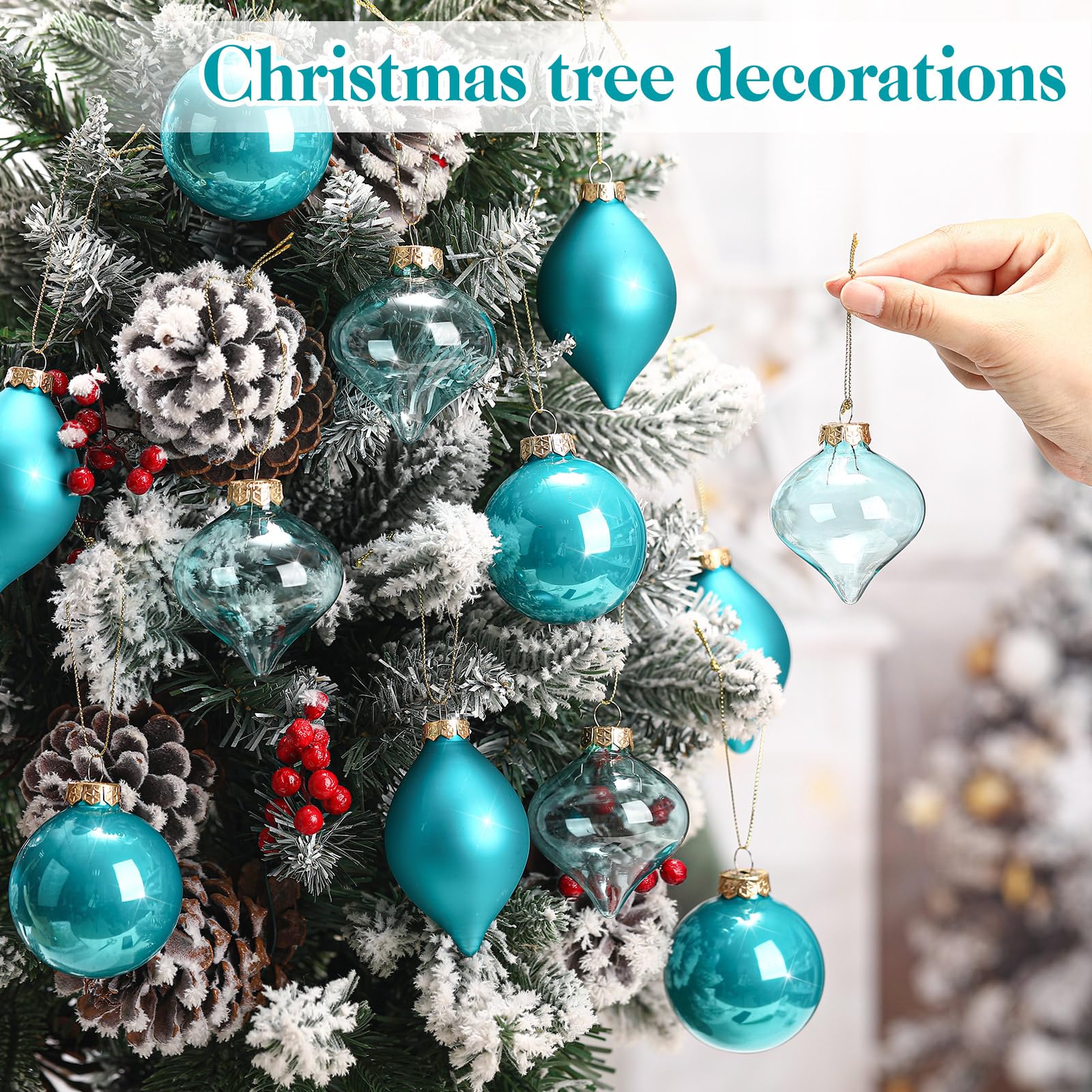 Zomiboo 12 Pcs Turquoise Green Glass Christmas Ball Ornaments Set 3.15 Hanging Shatterproof Glass Bulbs for Christmas Tree Baubl