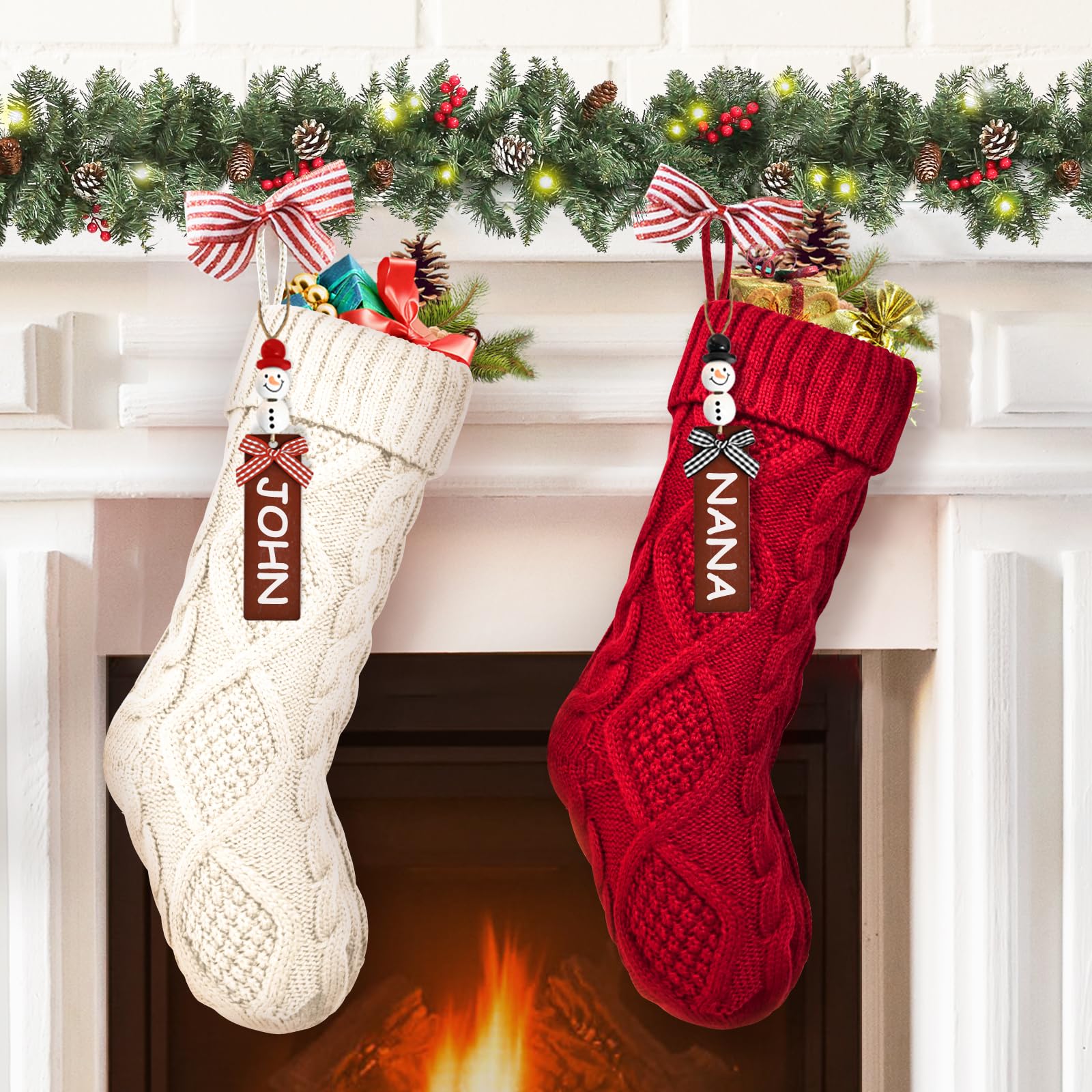 MASHDE Christmas Stocking, 2Pcs Personalized Christmas Stockings with DIY Snowman Name Tags, 18 Inches Large Xmas Knit Stockings
