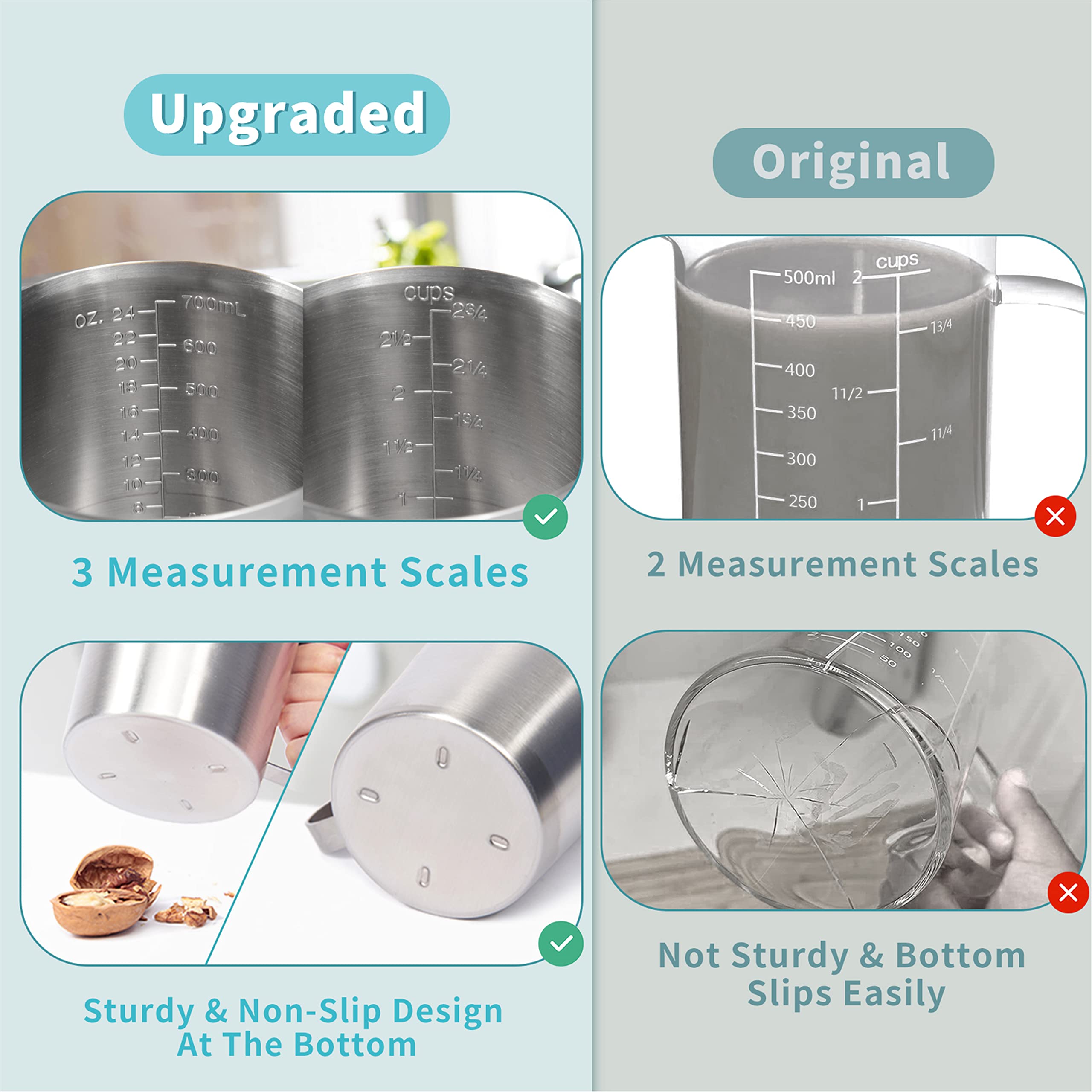 Newness Stainless Steel Measuring Cup - 24 Oz (3 Cup, 700 ML) with 3 Measurement Scales - Silver, Model 8541975118