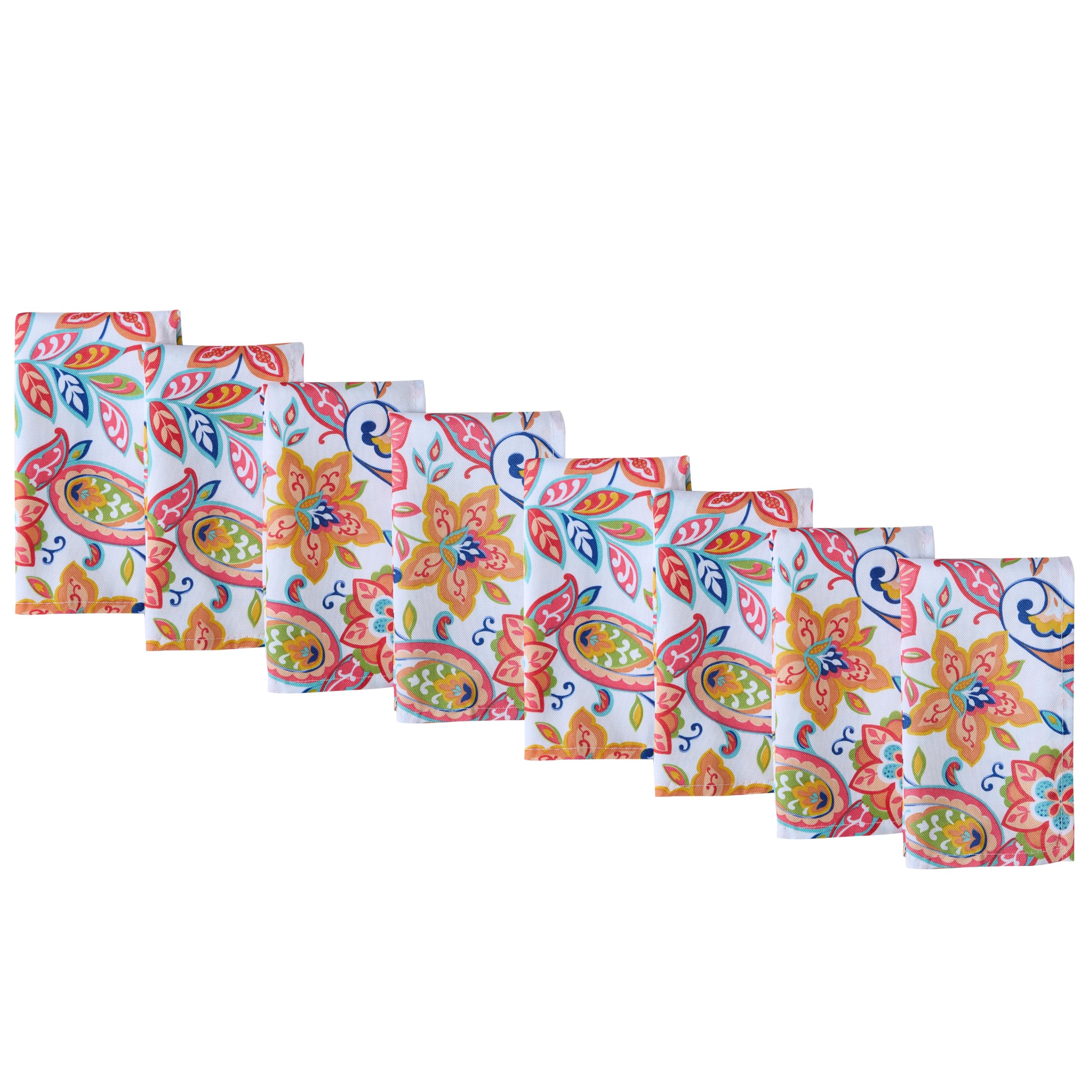 Newbridge Square Fabric Napkins, Bohemian Coral Paisley, Set Of 8 Napkins, Stain And Water Resistant Heavy Weight Summer Napkins