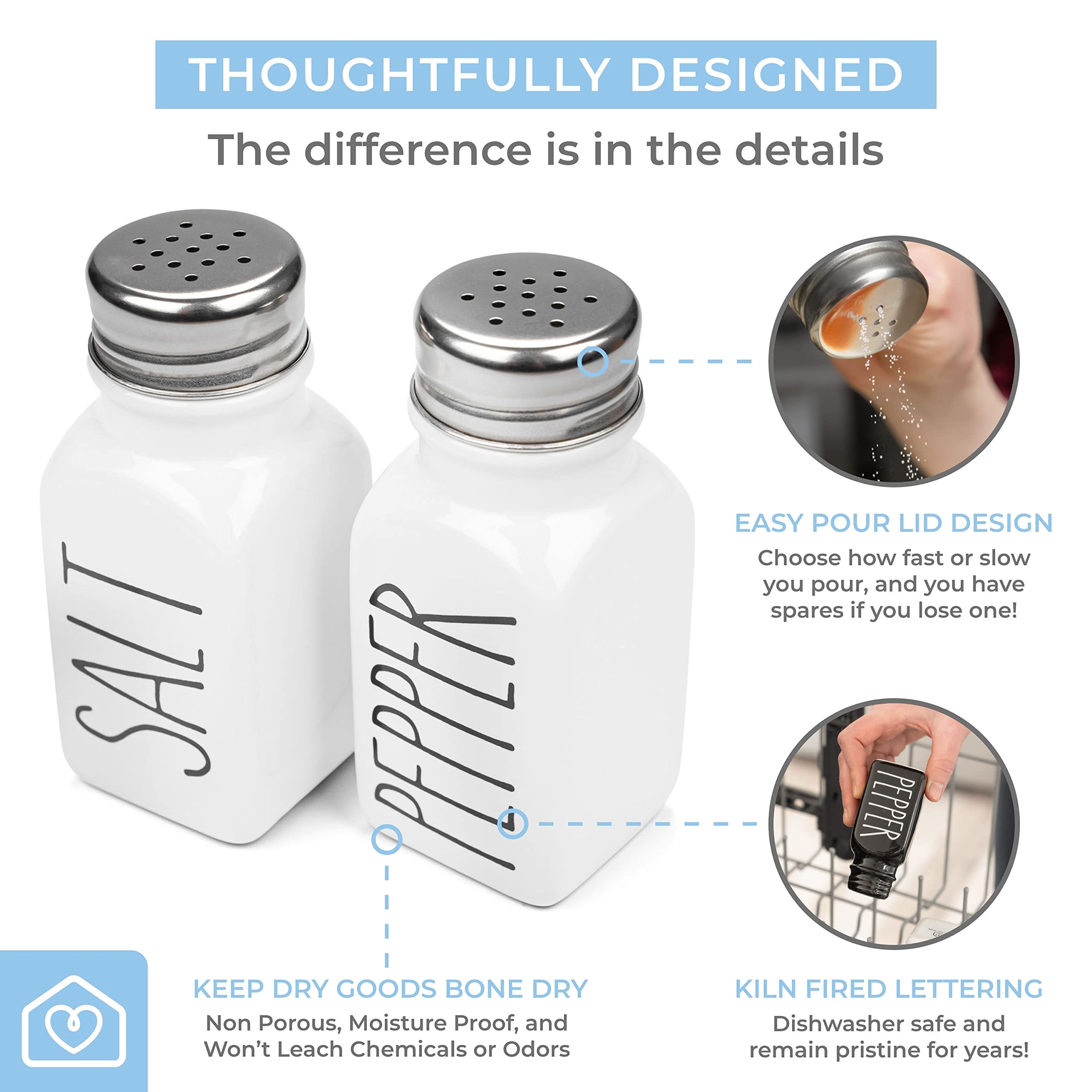 Farmhouse Ceramic Salt And Pepper Shakers Set With Extra Lids. 100% Stoneware Salt And Pepper Shaker Set. White Pepper And Salt