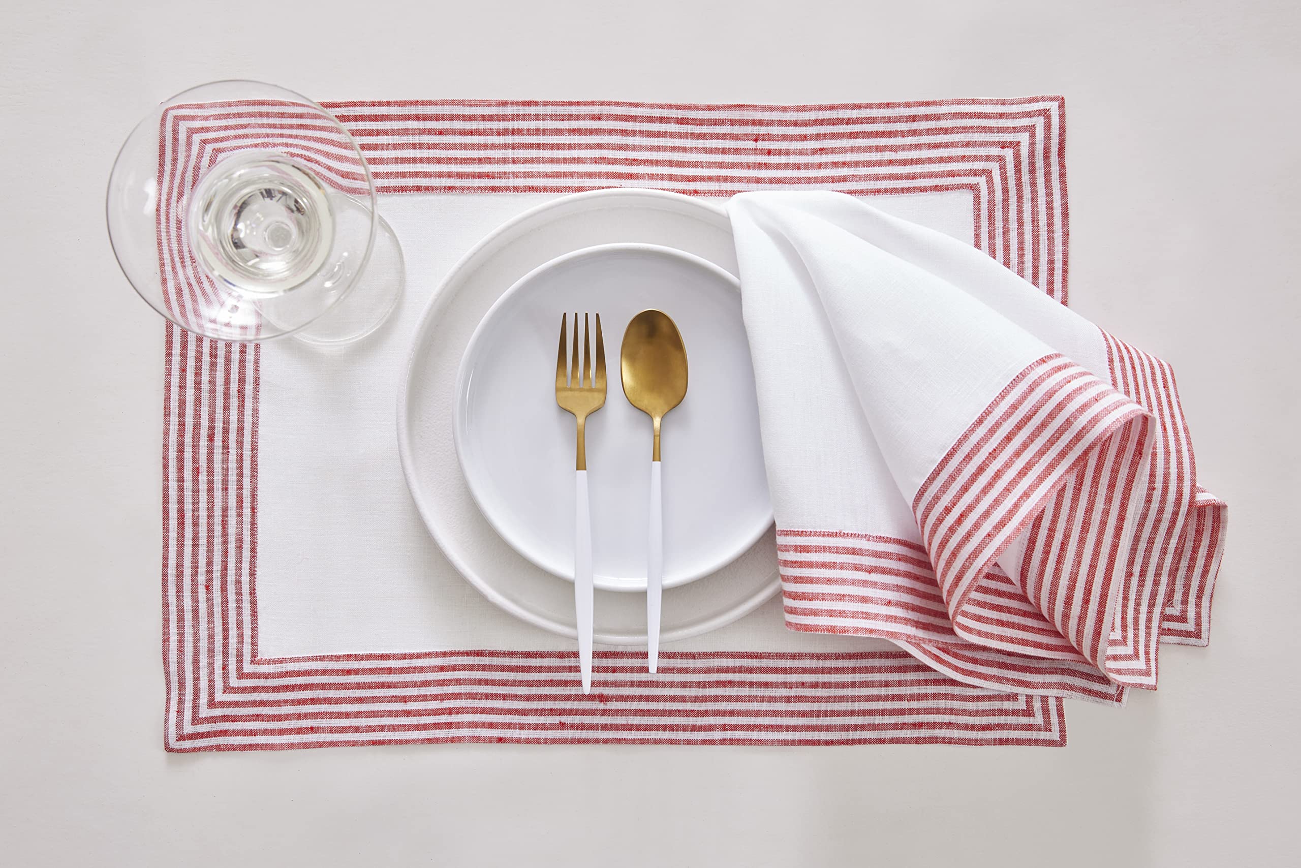 Solino Home Linen Placemats Set Of 4-100% Pure Linen Cloth Fabric Placemats Red - 19'' L X 14'' W Inch Washable Dining Place Mat
