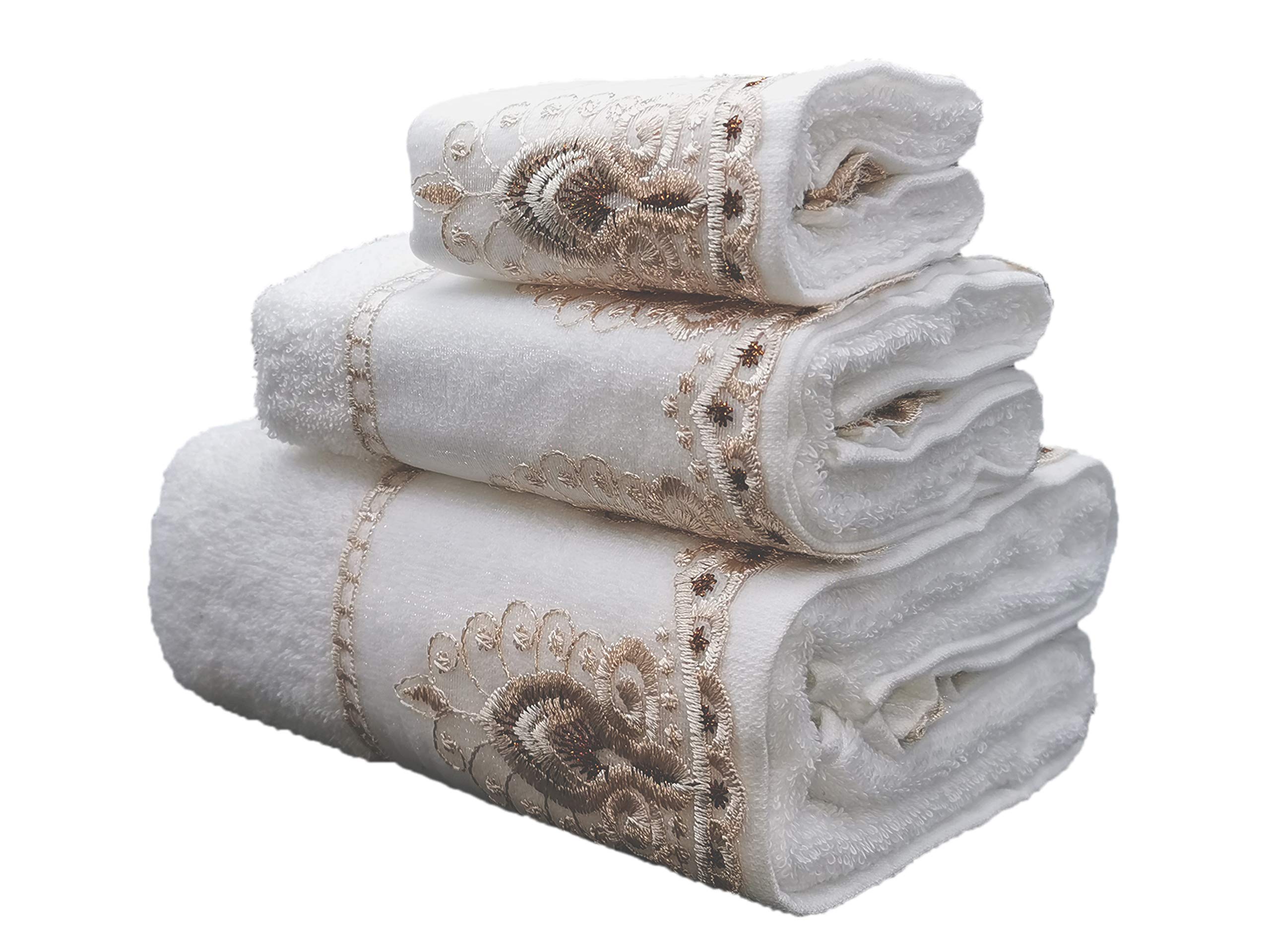 Marina Decoration Premium Luxury Decor Ultra Soft 100% Cotton Sheer Lace Bathroom Modern 3 Piece Towel Set, White Color