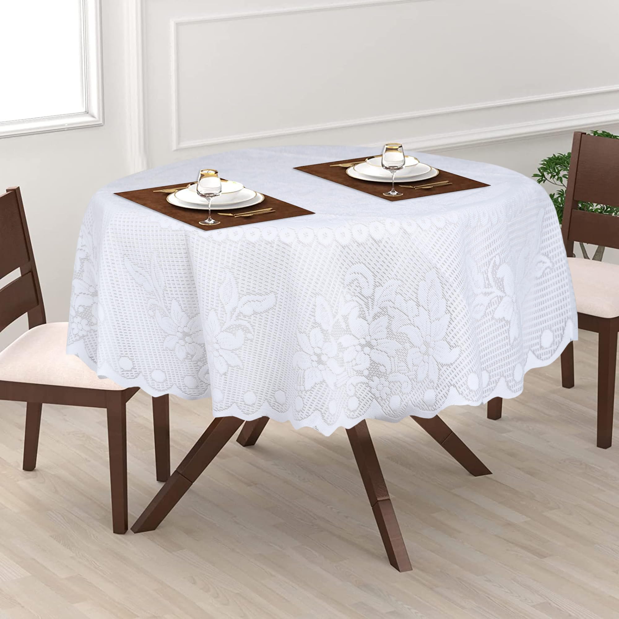 Dakshya Industries Polycotton 40 Inch Round 2 Seater Center Table Cover Floral Design Kitchen Dining Room Table Cloth (White)