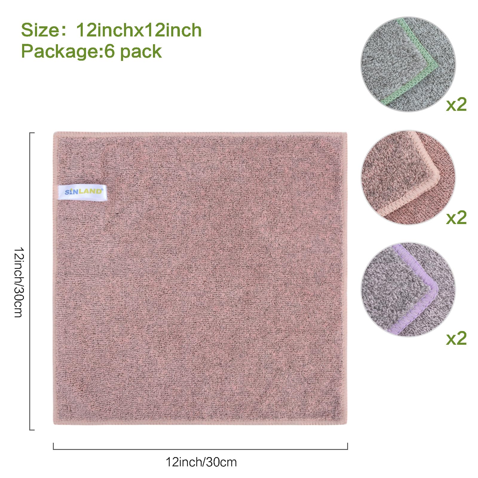 SINLAND Microfiber Face Towels Ultra Soft Bamboo Charcoal Facial Washcloths Face Cloth for Bath 12Inch x 12Inch 6 Pack