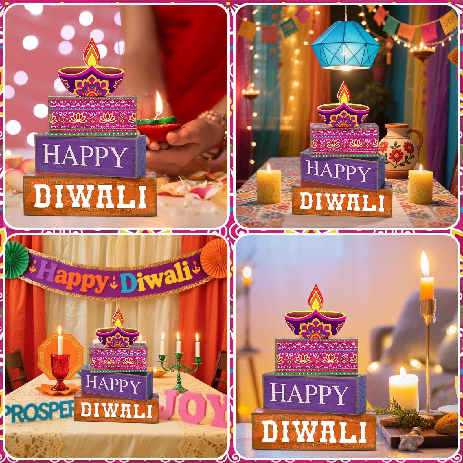 Lineshading 4 Pcs Diwali Wooden Table Decoration Centerpiece Happy Diwali Tiered Tray Decor Warm Wishes Diyas Wooden Design for