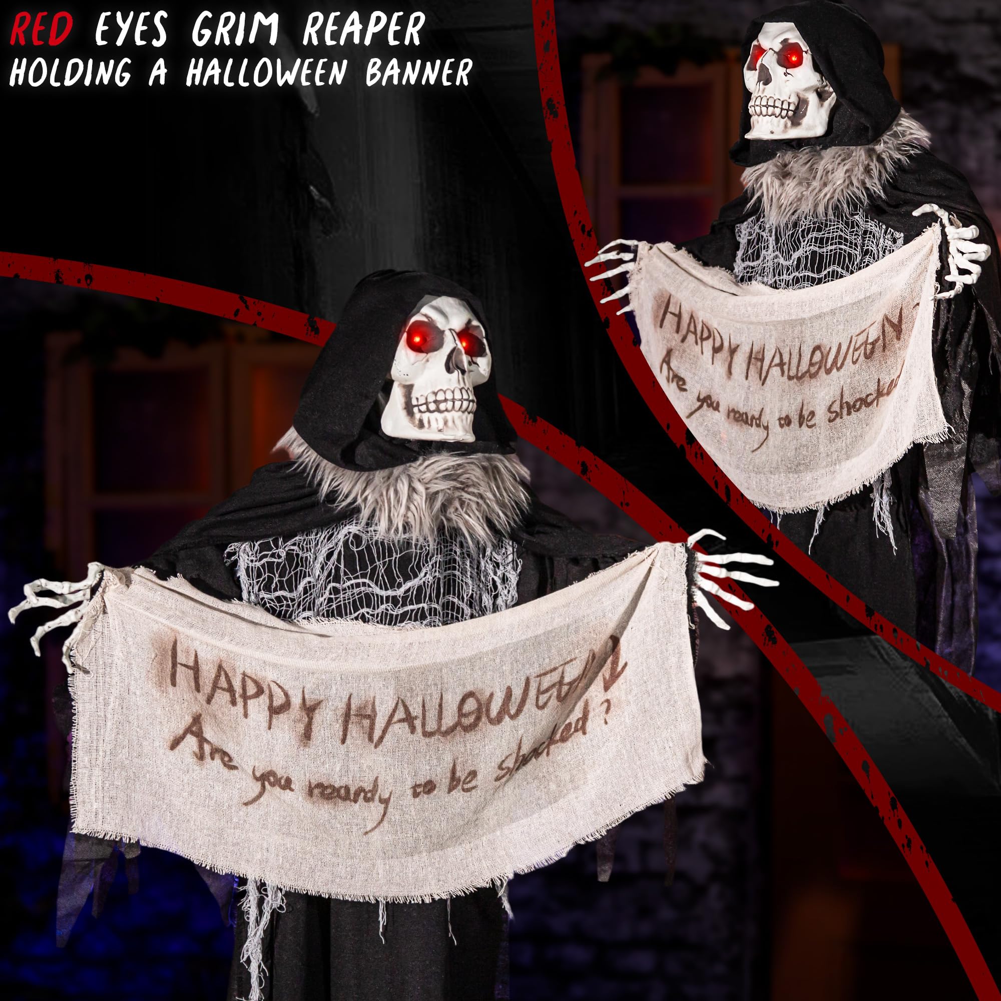 Halloween Animatronics 5ft Hanging Grim Reaper, 60in Animated Skeleton Decorations with Banner, Sound Activated, Creepy Voice, S