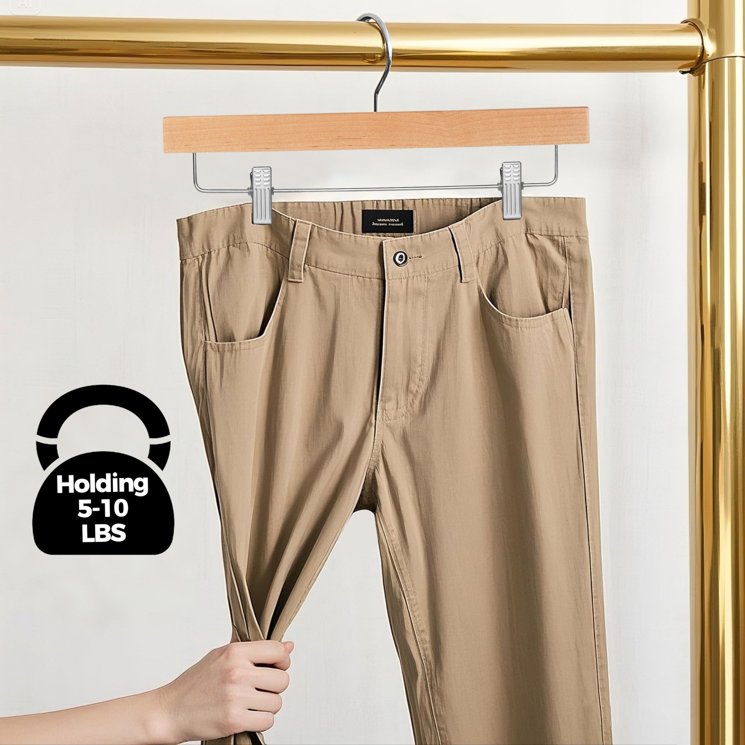 Quality Hangers Wooden Pants Hangers - 10-Pack Swivel Hook Cloth Hanger Set - Lotus Wood Skirt  Pant  Shorts and Slack Hangers with Adjustable Clip - Natural Clothing Hanger Set in 6 Modern Colors