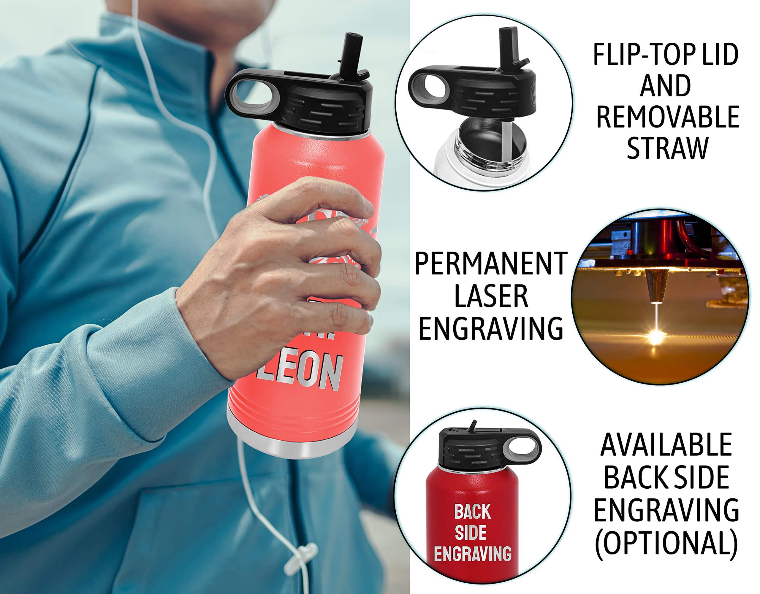 Customized Water Bottles With Flip-Top Lid And Straw, Personalized Stainless Steel Sports Thermos Engraved Monogram - Teacher, B