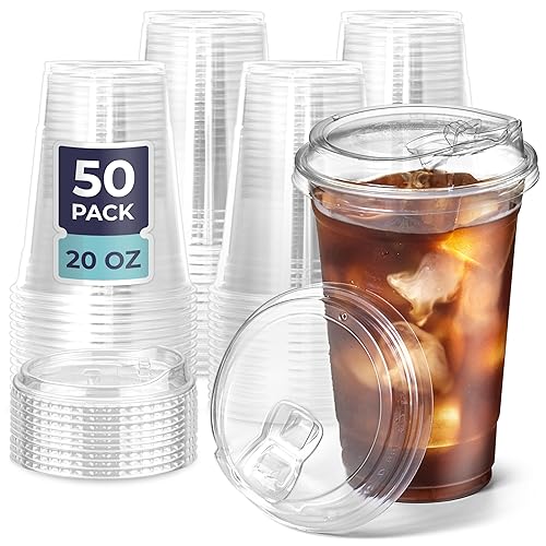 [50 Pack] Disposable Strawless Plastic Cups with Lids - 20 Oz Clear Plastic Cups and Sippy Cups Lids  Perfect Eco-Friendly To Go Cups for Iced Coffee  Smoothies  Soda Party Drinks and Cafe Essentials