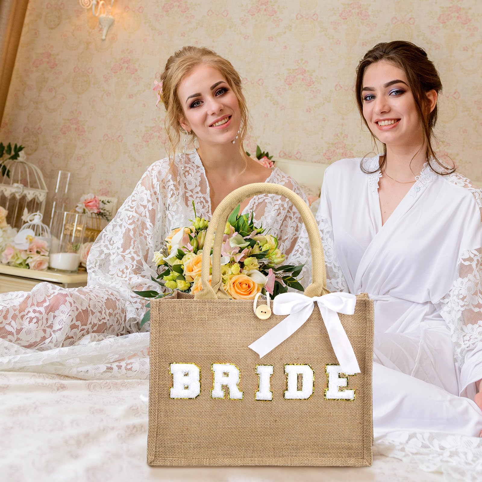 Silkfly Wedding Bride Bag Natural Jute Tote with Ribbon Bride Gift Bag with Handle for Shower(Gold Diamond,Bride)
