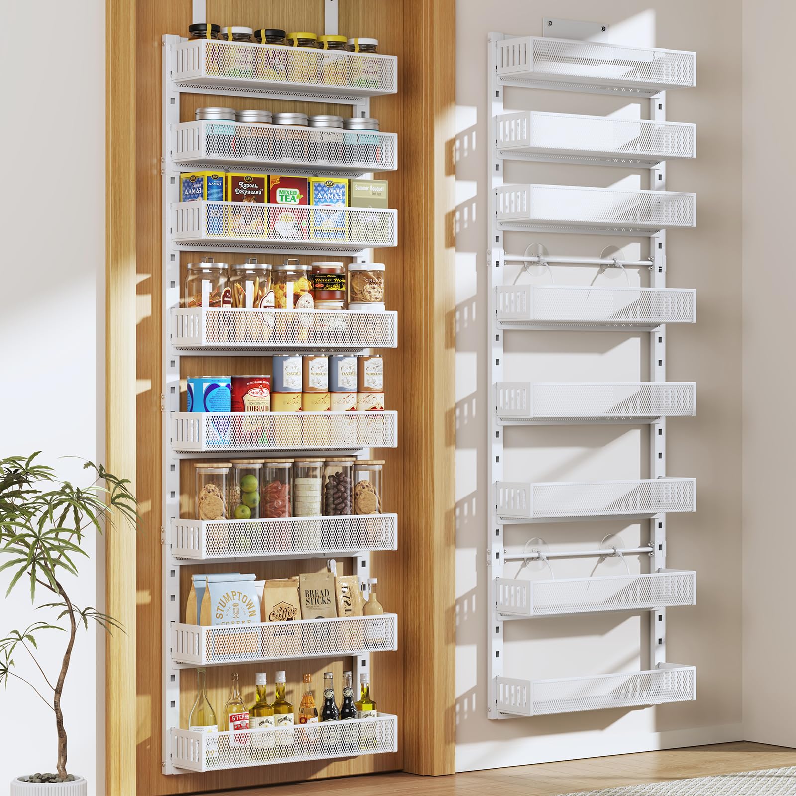 Pantry Door Organizers and Storage, 8-Tier Large Metal Heavy-Duty Frame Over the Door Spice Rack, 2 in 1 Wall-Mounted or Hanging