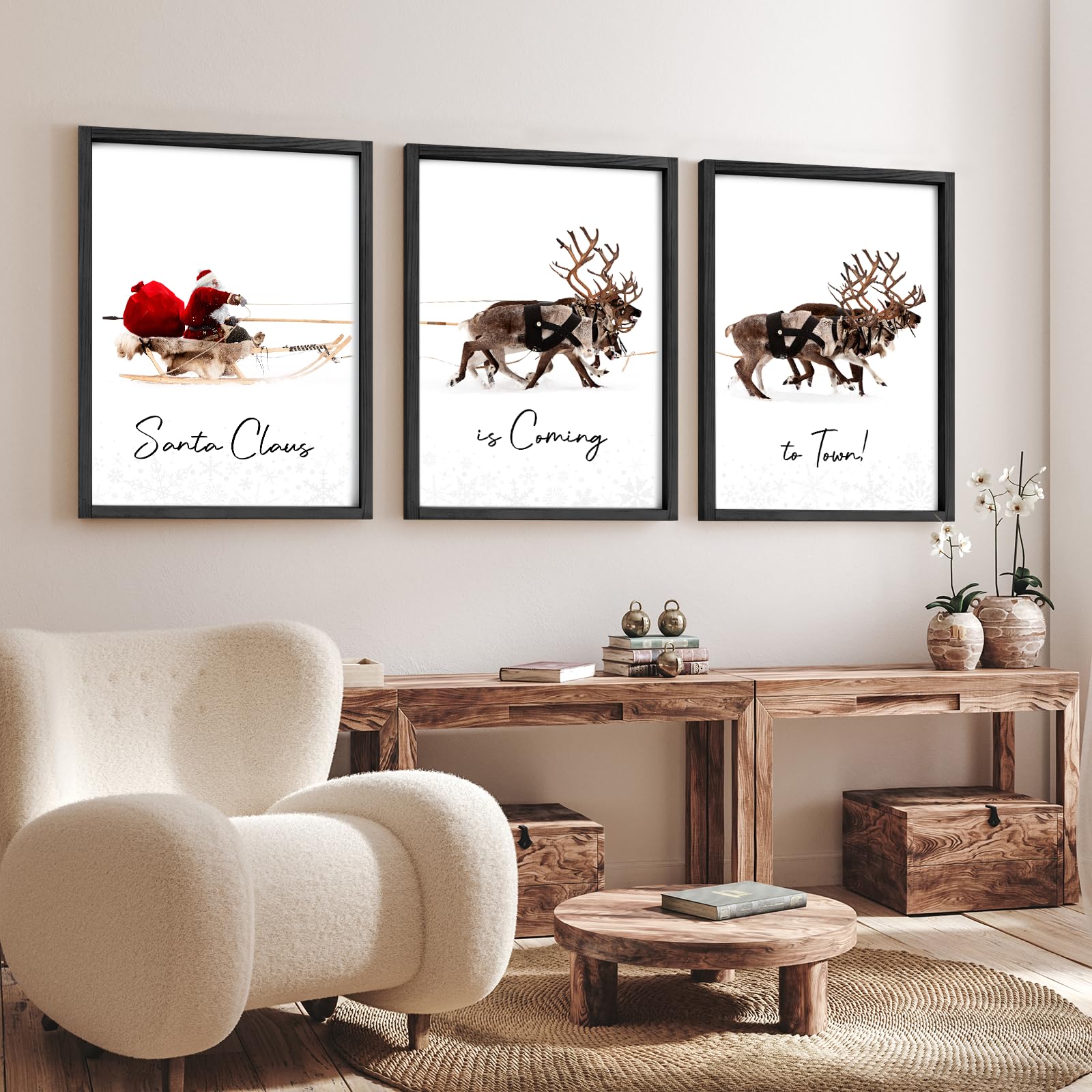Litivy Christmas Wall Art Prints - Set Of 3 Santa Claus With Sleigh Deer For Home Decor - Xmas Sign - 12X16In - Black