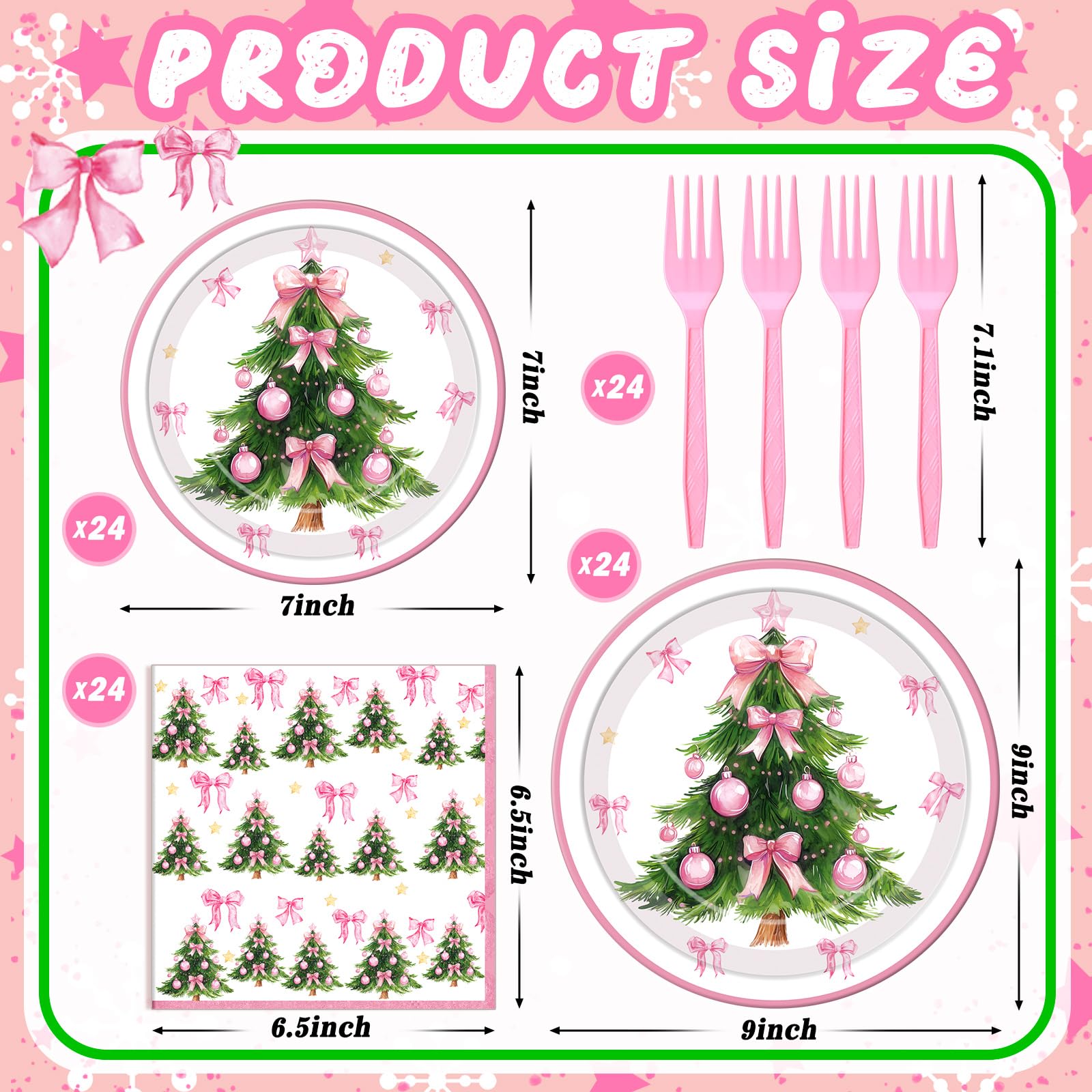 Havawish 96 Pcs Pink Christmas Tree Paper Plates and Napkins Pink Bow Christmas Party Supply Winter Baby Shower Party Decoration
