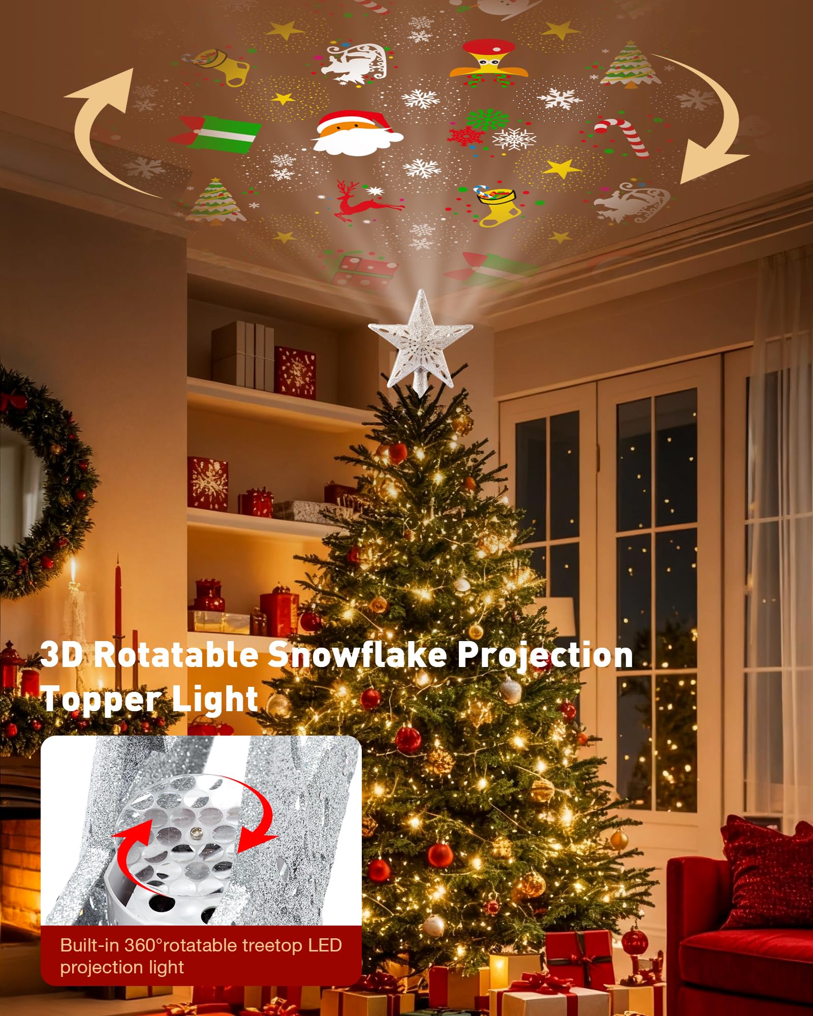 Christmas Tree Topper Lighted with 6 Patterns Projector, Christmas Star Tree Topper Built-in 3D Glitter LED Rotating Lights, Hol