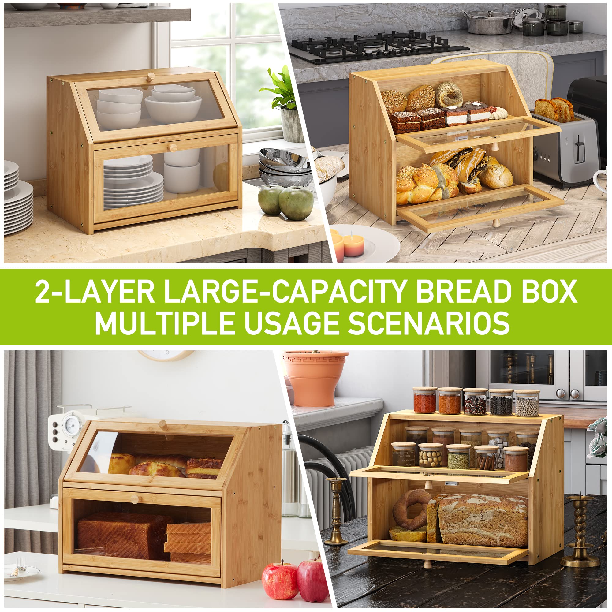 BMOSU Farmhouse Bread Box - Double Layer Bamboo Storage Container, Extra Large, Natural Color, Model CABB-TXMBX