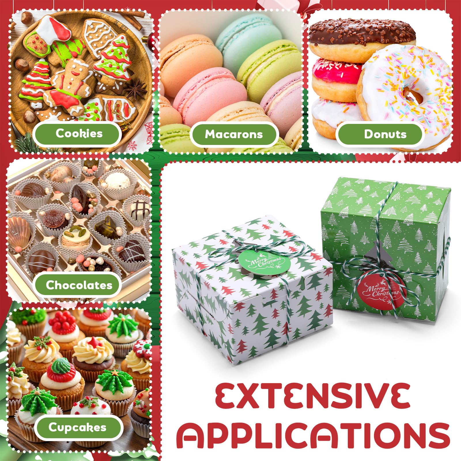 Glenmal 50 Set Christmas Bakery Cookie Boxes Cupcake Containers with Christmas Tree Window Xmas Day Cupcake Candy Goody Treat Gi
