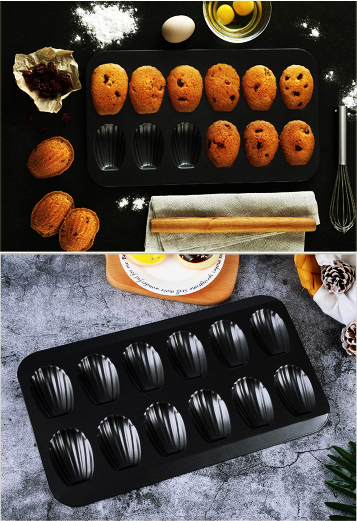 Kilimazart Nonstick Madeleine Pan 12-Cup Heavy Duty Shell Shape Baking Cake Mold Tray (Black)