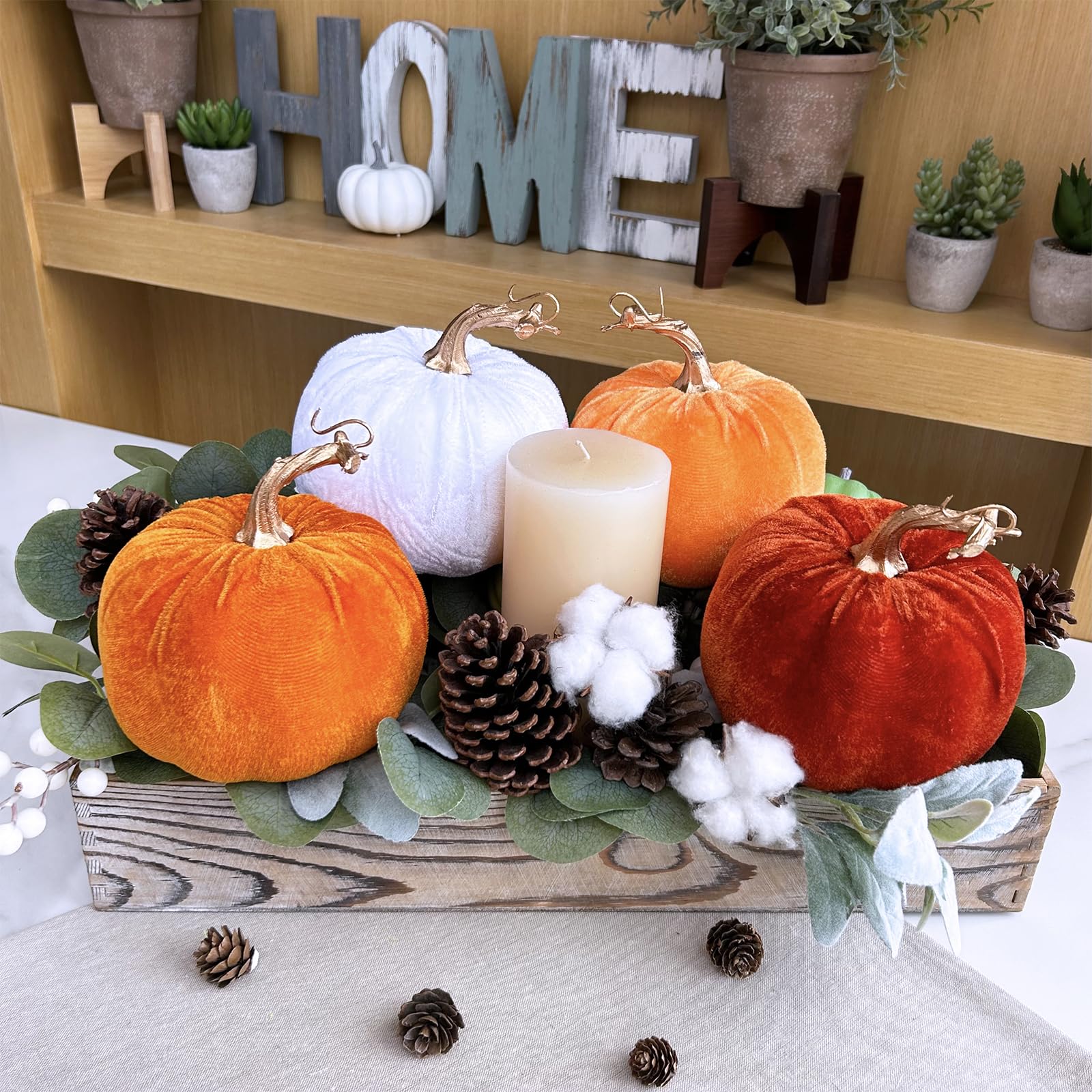 Winlyn 4 Pcs Assorted Faux Harvest Velvet Pumpkins Decorative Fabric Pumpkins Foam Pumpkins in Rust Orange White 5  for Farmhous