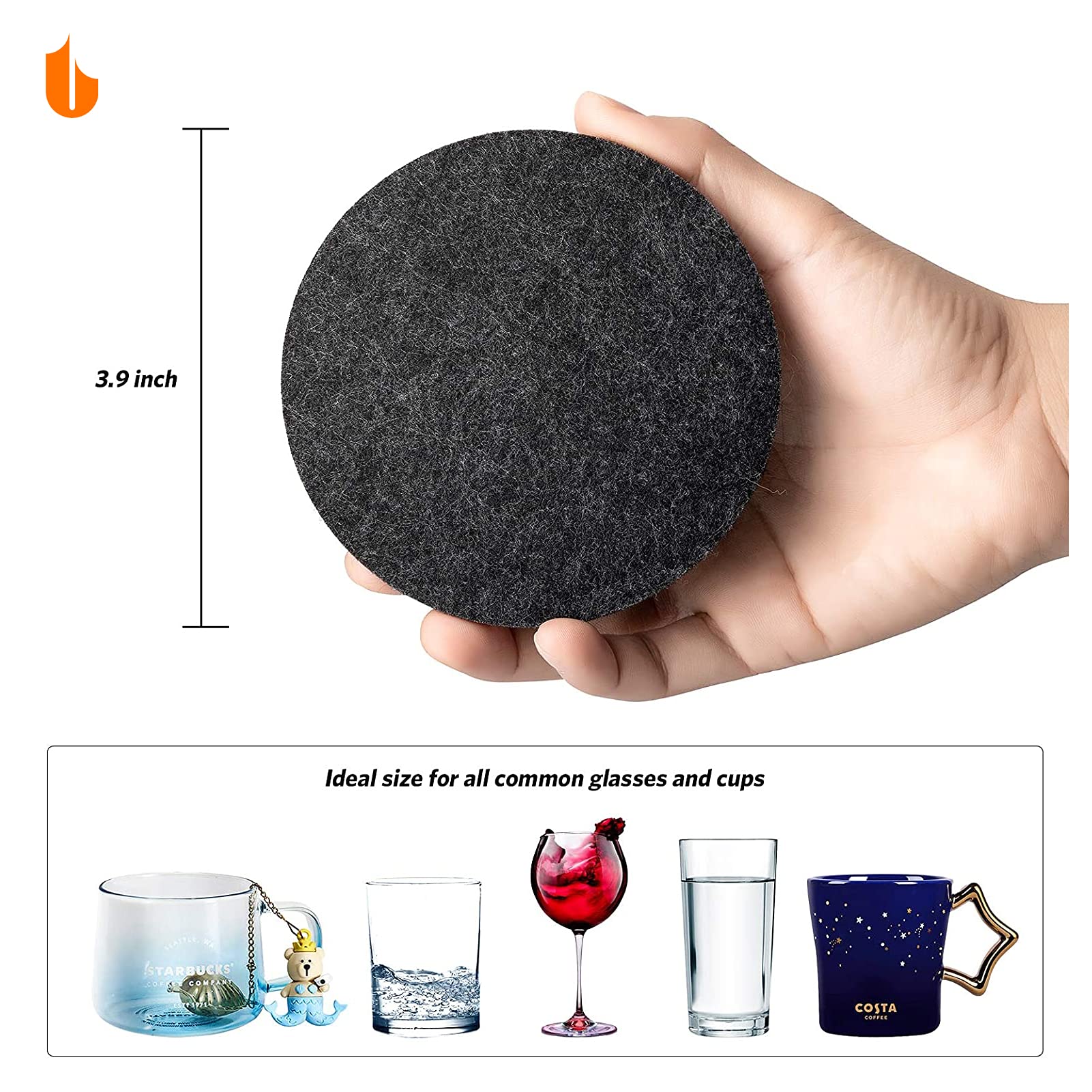 Urbanstrive 6 PCS Coasters  Eco-Friendly 100% Biodegradable Coasters Absorbent Felt Coasters for Drinks Bar Home  4 Inch (Black Round)
