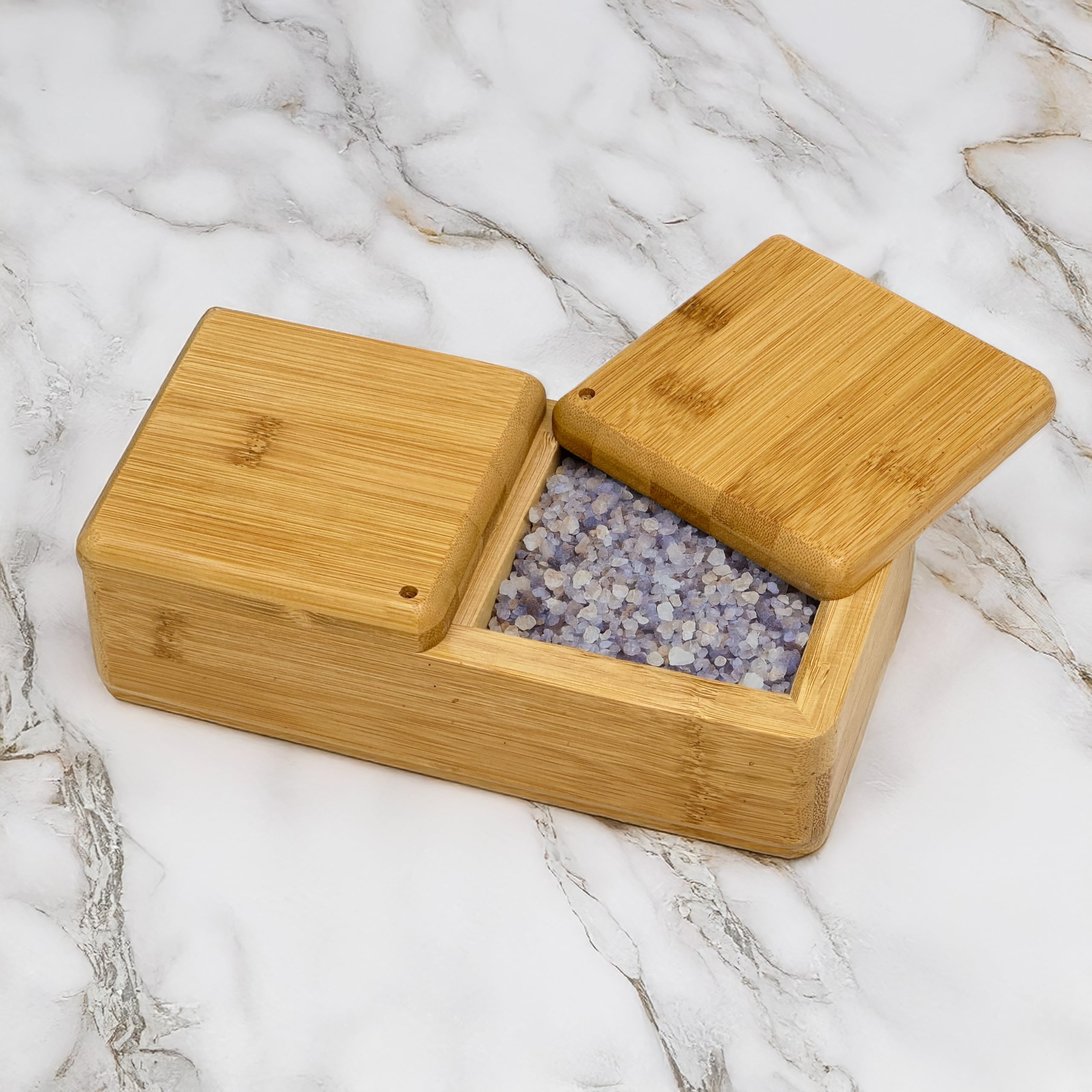 Bam & Boo - Natural Bamboo Multi-Purpose Storage Box W. Swivel Lid (2-Compartments) - For Salt, Sugar, Spices, Herbs Or Office S