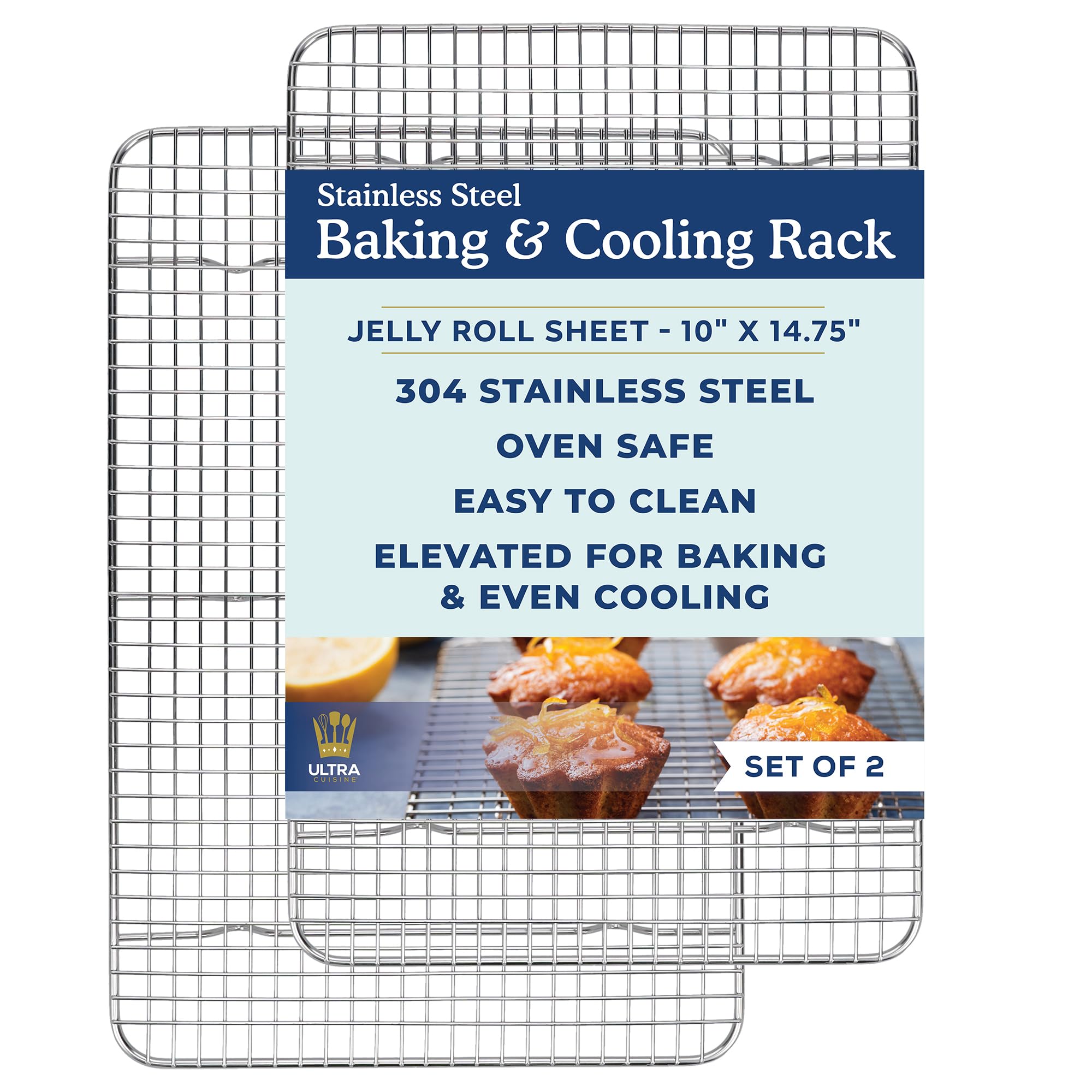 Oven-Safe, Dishwasher-Safe 100% Stainless Steel Cooling And Baking Rack Set - Jelly Roll Sheet Pan Size - Food-Safe, Heavy Duty