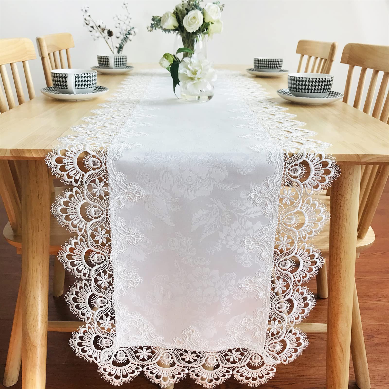 Breksdat Rectangle Table Runner White Embroidered Lace 16 X 70 Inches Wedding Dining Table Dresser Scarf With Carnation Lace Fab