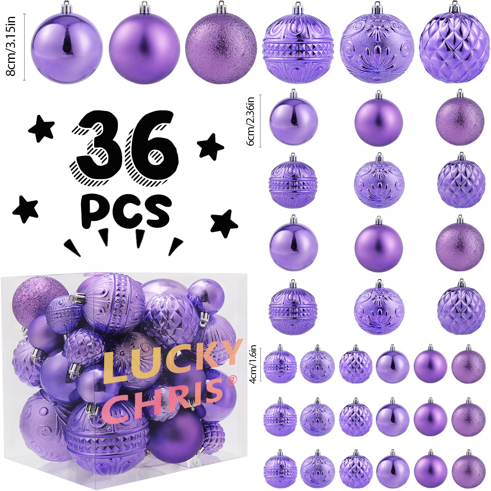 Christmas Ball Ornaments Light Purple Christmas Tree Decorations with Hang Rope-36pcs Shatterproof Christmas Ornaments Set with