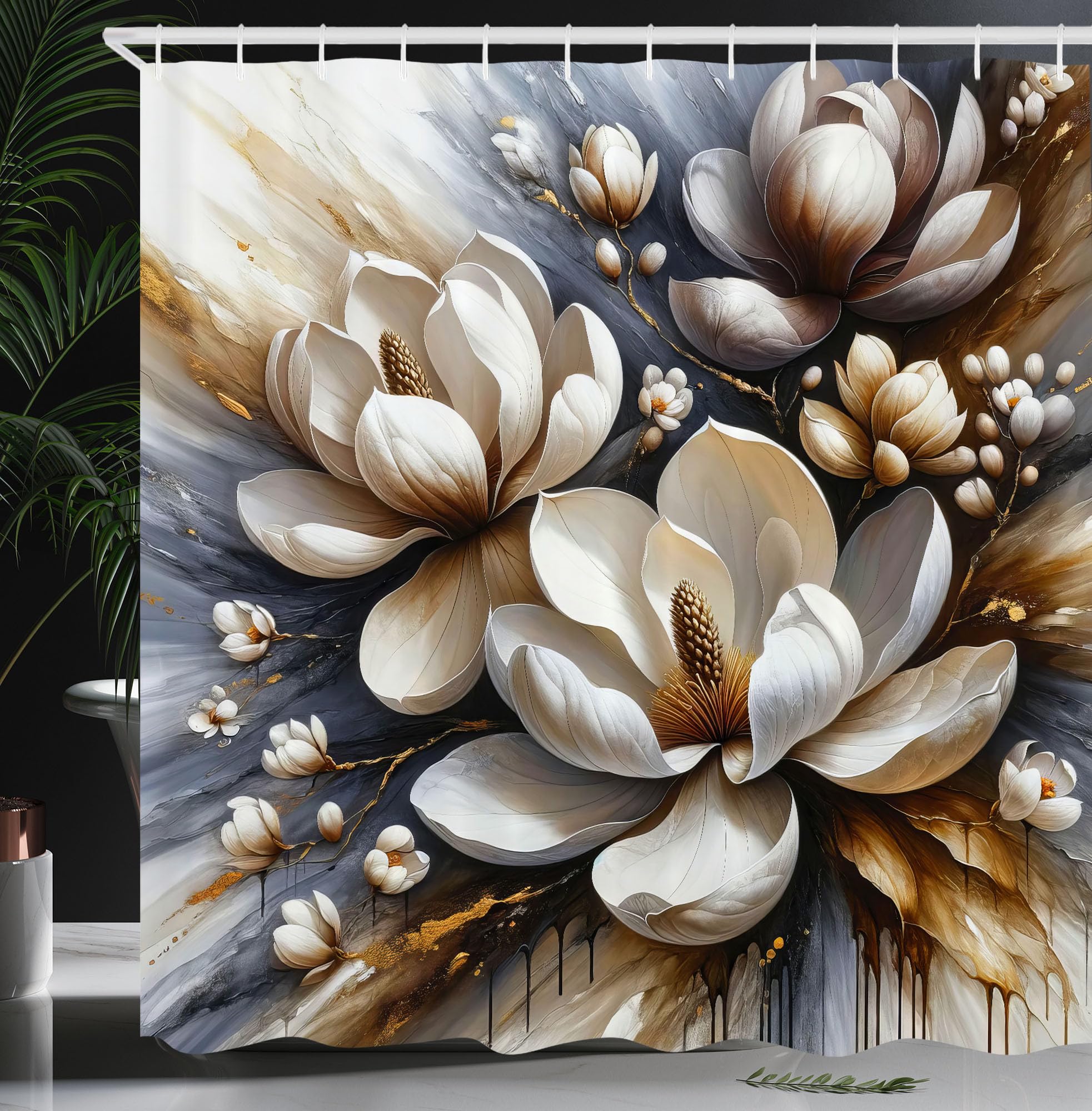 Ambesonne Brown Shower Curtain, Watercolor Design Floral Motif With Painting Style Magnolia Petals Grunge Back, Cloth Fabric Bat