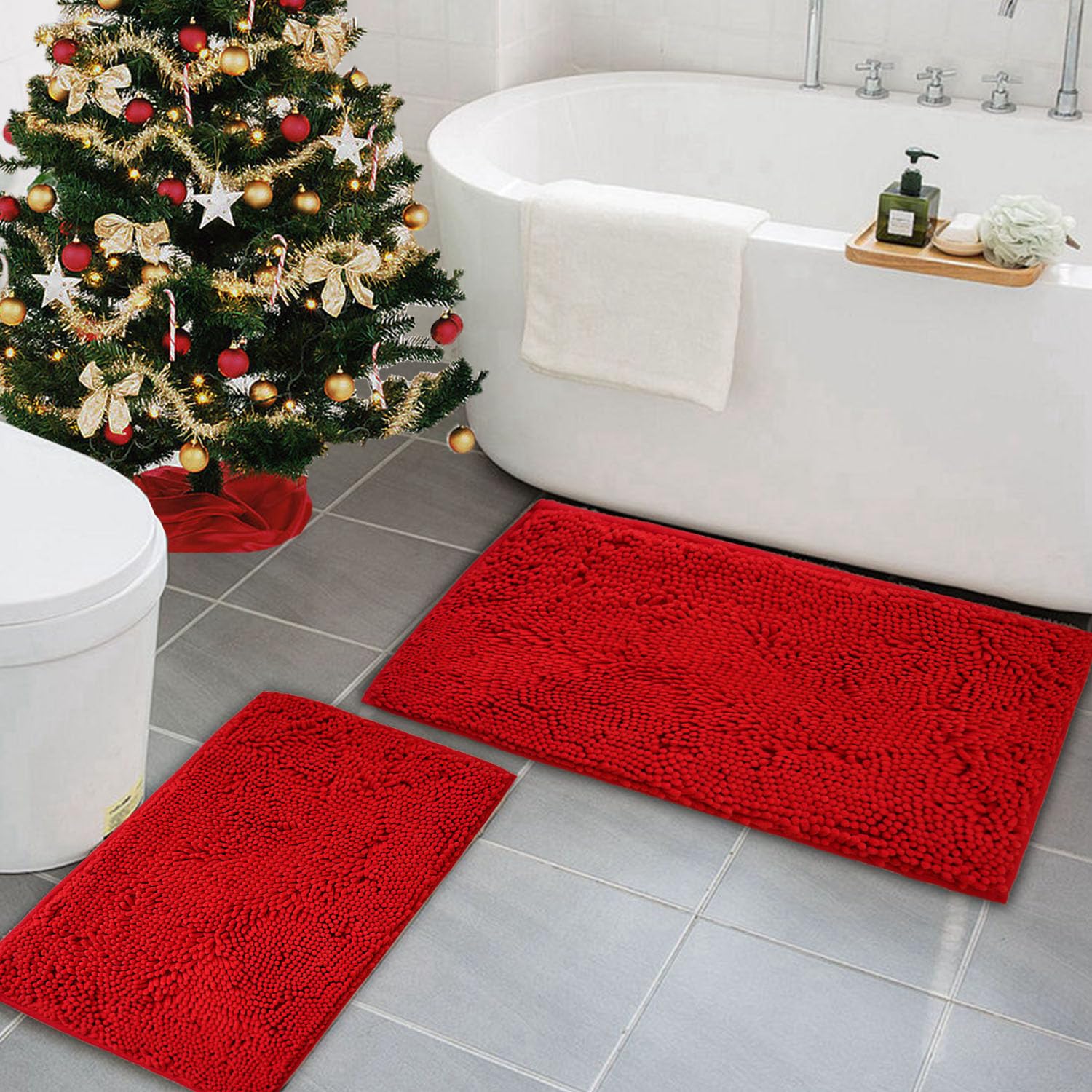 Ainahyva Christmas Bathroom Rugs Chenille Bath Mat 2 Piece Set, Super Absorbent, Strong Pvc Non Slip Backing, Bath Mats For Bath
